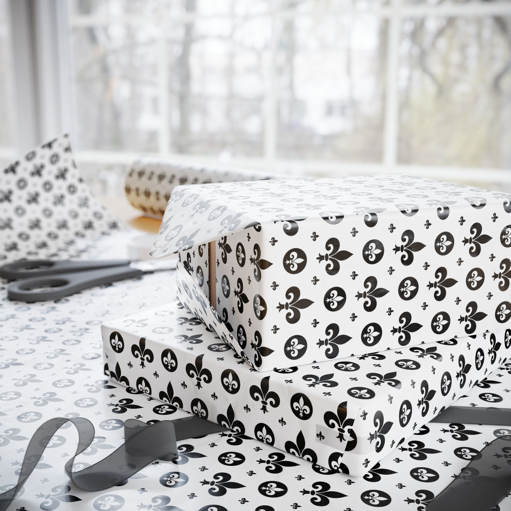 Mardis Gras Black & White Fleur De Lis Collage Wrapping Paper | Holiday Gift Wrapping Paper Roll