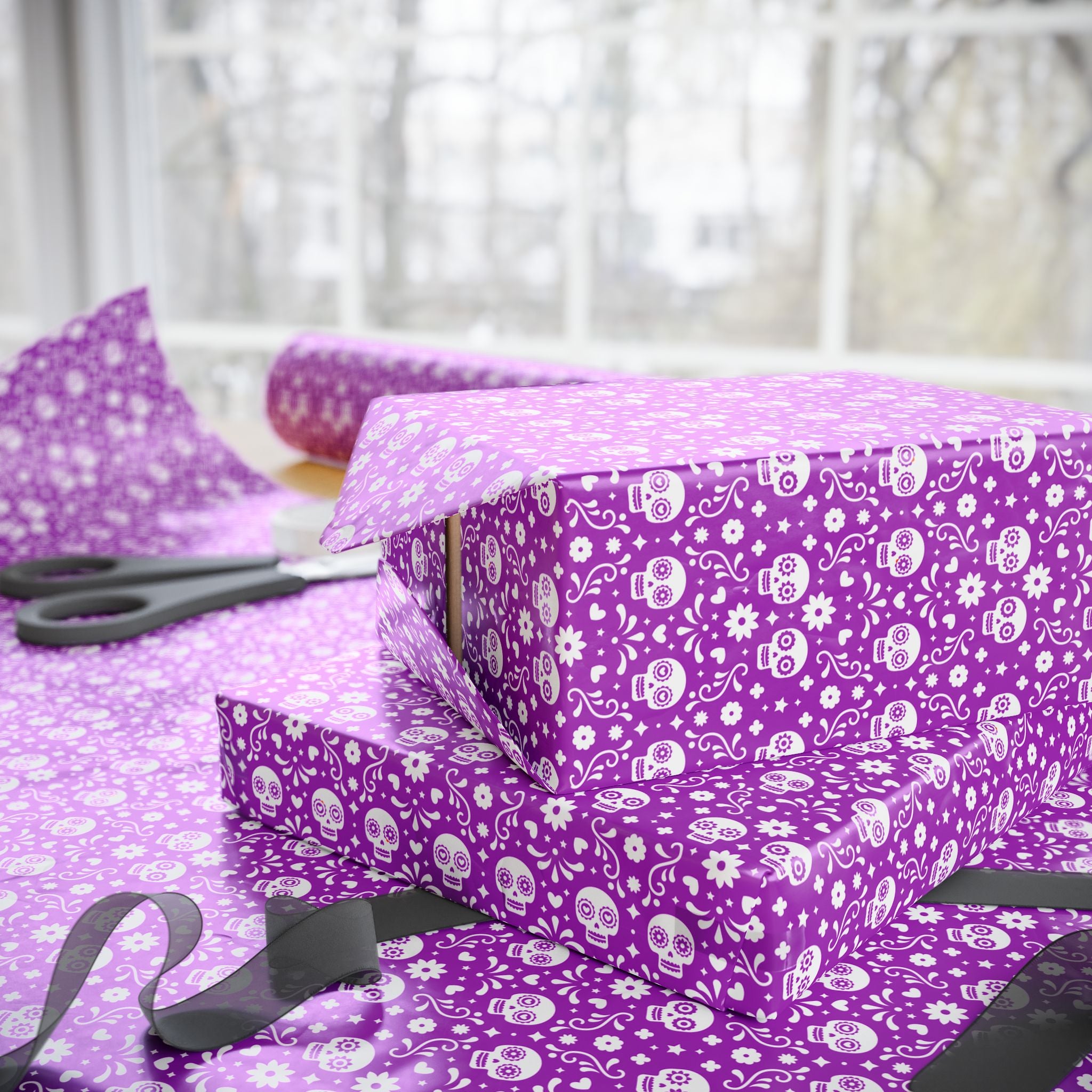 Day of the Dead Raspberry Skulls Wrapping Paper | Holiday Gift Wrapping Paper Roll
