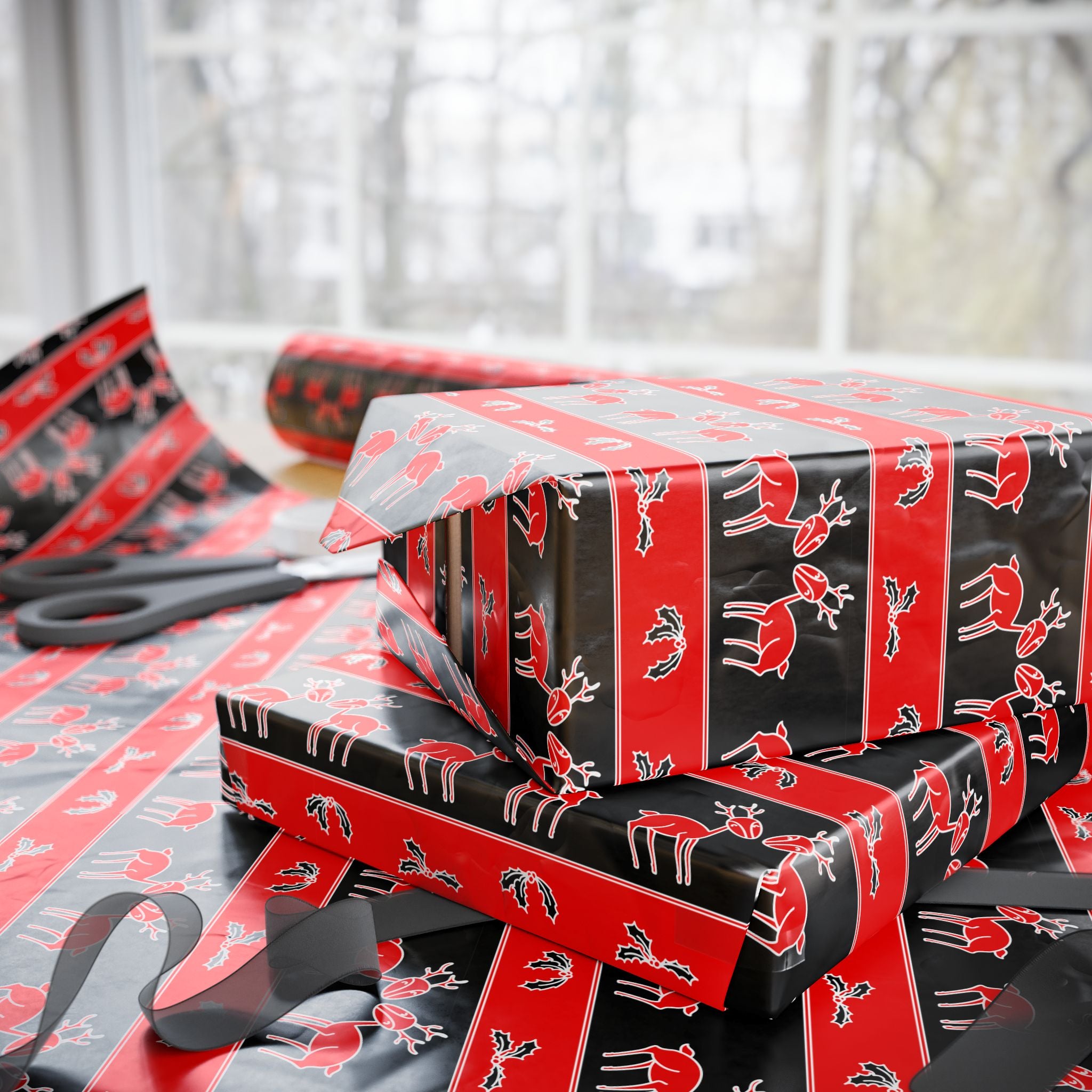 Christmas Ugly Red & Black Reindeer Wrapping Paper | Holiday Gift Wrapping Paper Roll