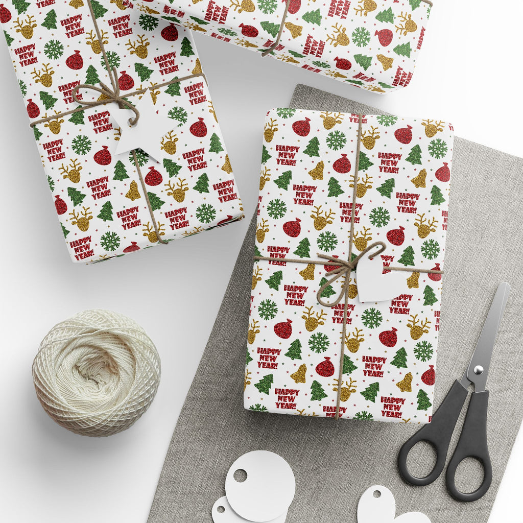 New Year's Glittered Gold Wrapping Paper - Holiday Gift Wrapping Paper Roll