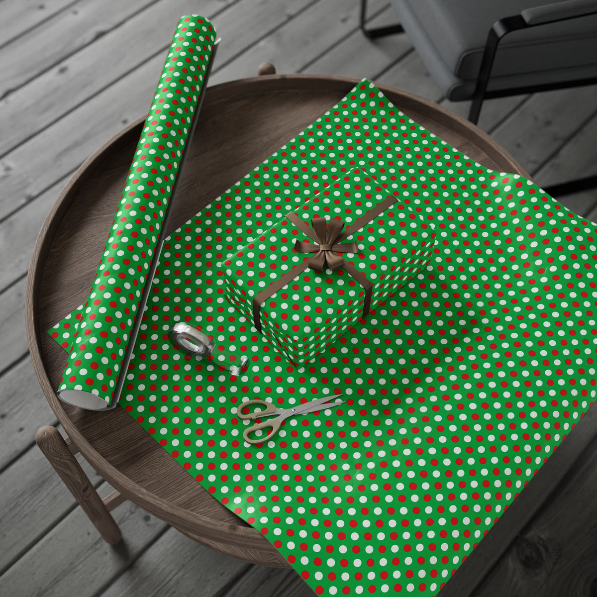 Christmas Dots on Green Wrapping Paper | Holiday Gift Wrapping Paper Roll