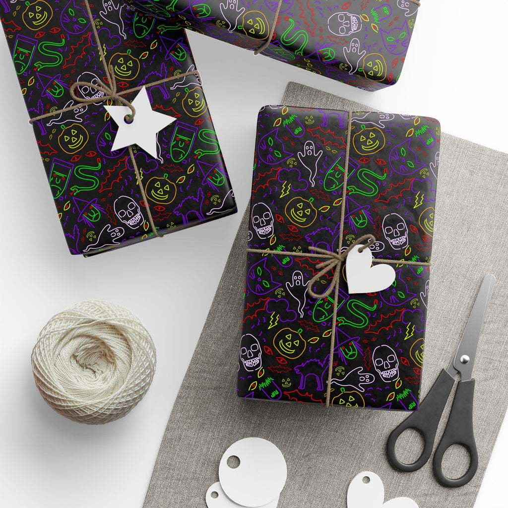 Halloween Neon Faces Wrapping Paper | Holiday Gift Wrapping Paper Roll
