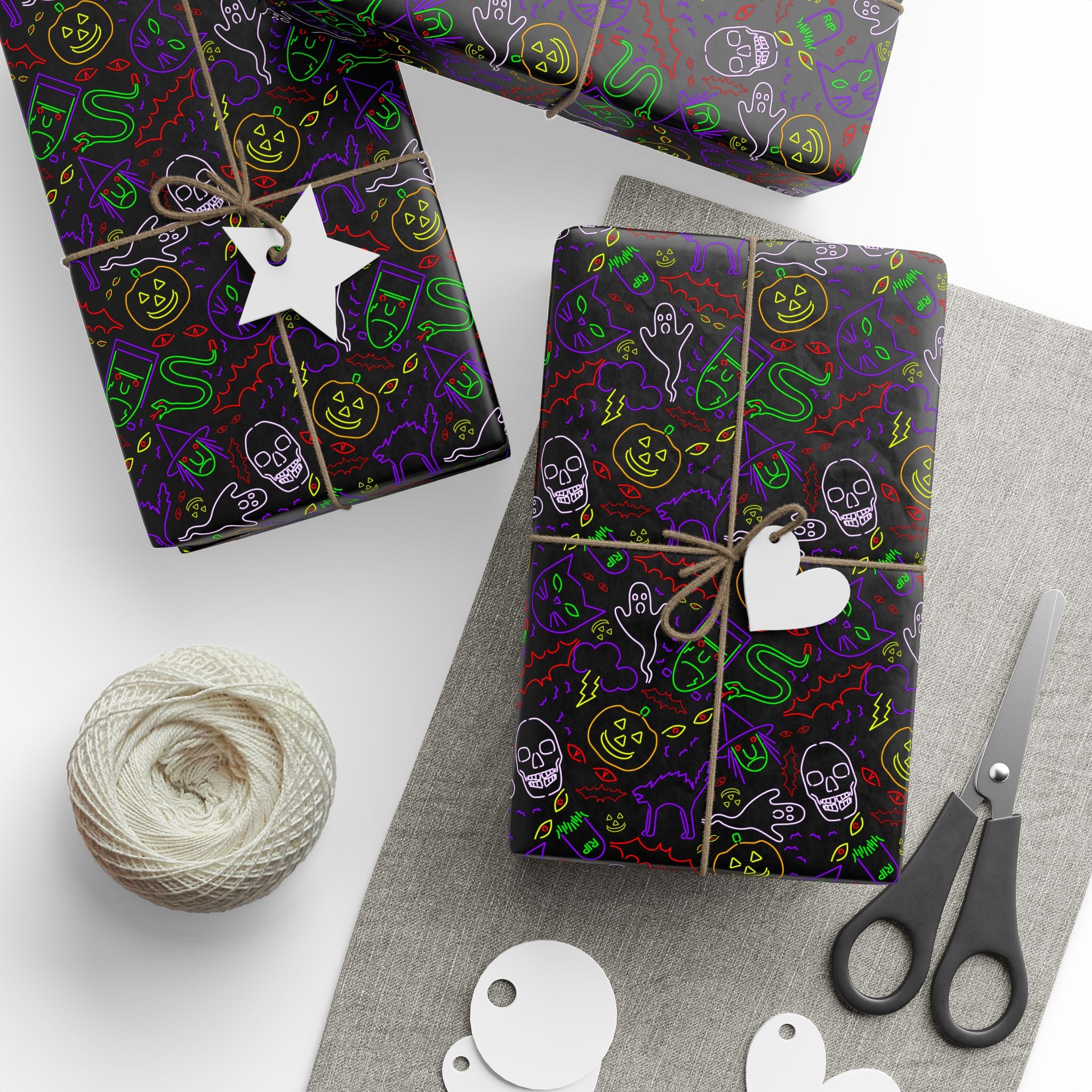 Halloween Neon Faces Wrapping Paper | Holiday Gift Wrapping Paper Roll