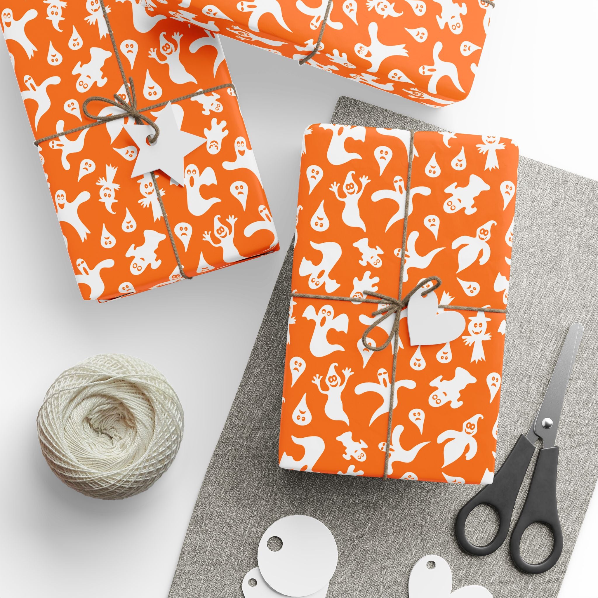 Halloween Cartoon Ghosts on Orange Wrapping Paper | Holiday Gift Wrapping Paper Roll