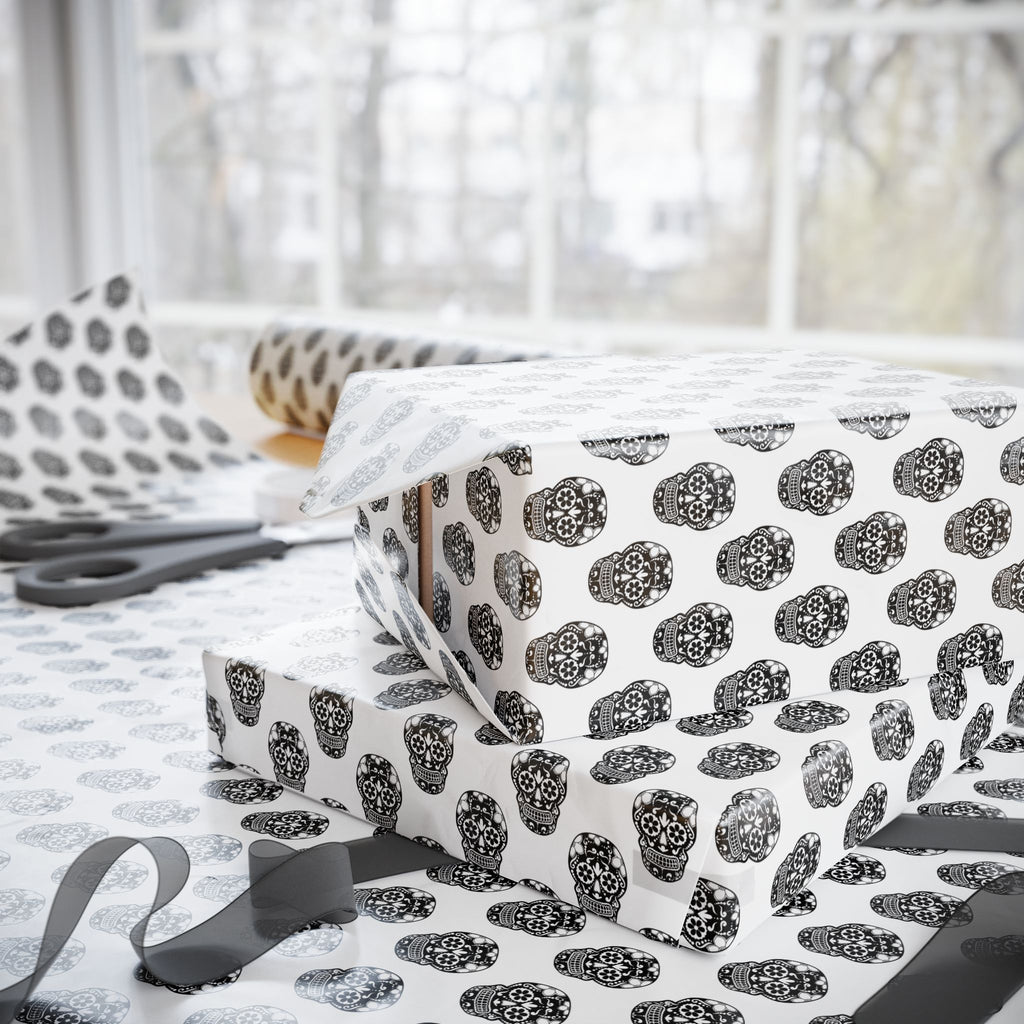 Day of the Dead Black Sugar Skulls on White Wrapping Paper | Holiday Gift Wrapping Paper Roll