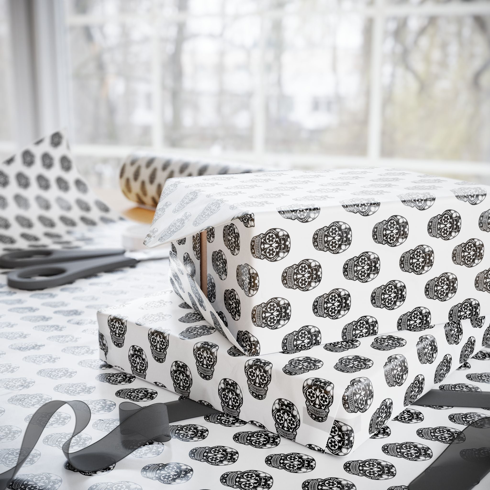 Day of the Dead Black Sugar Skulls on White Wrapping Paper | Holiday Gift Wrapping Paper Roll