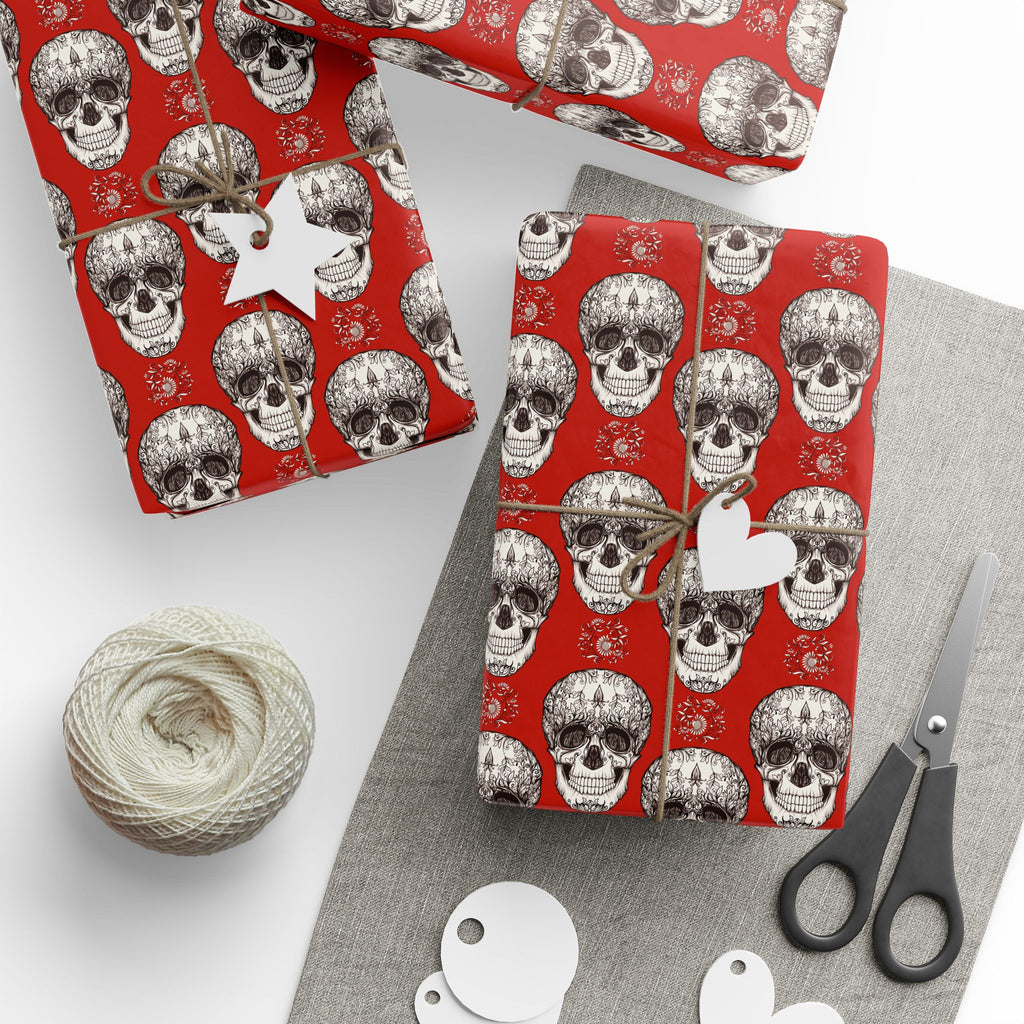 Day of the Dead Red Floral Sugar Skulls Wrapping Paper | Holiday Gift Wrapping Paper Roll