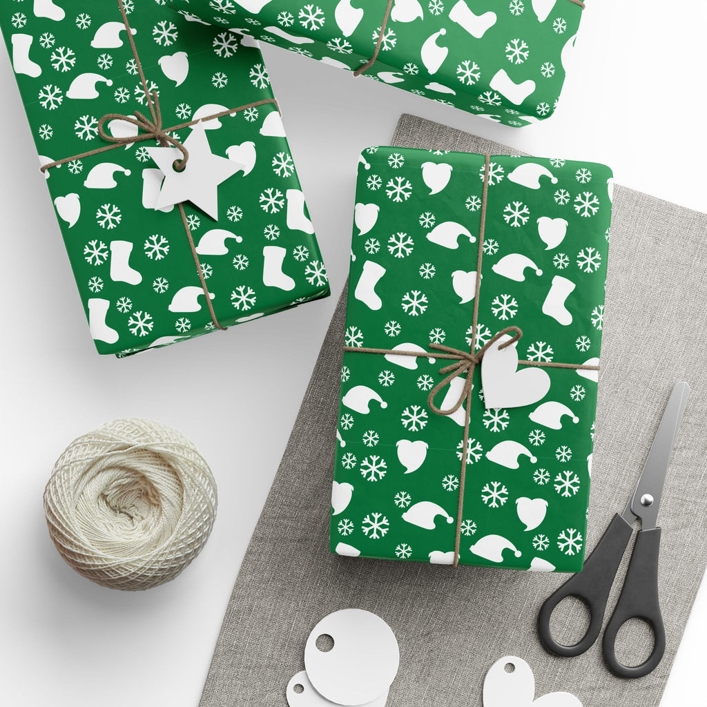 Christmas Stockings on Green Wrapping Paper | Holiday Gift Wrapping Paper Roll