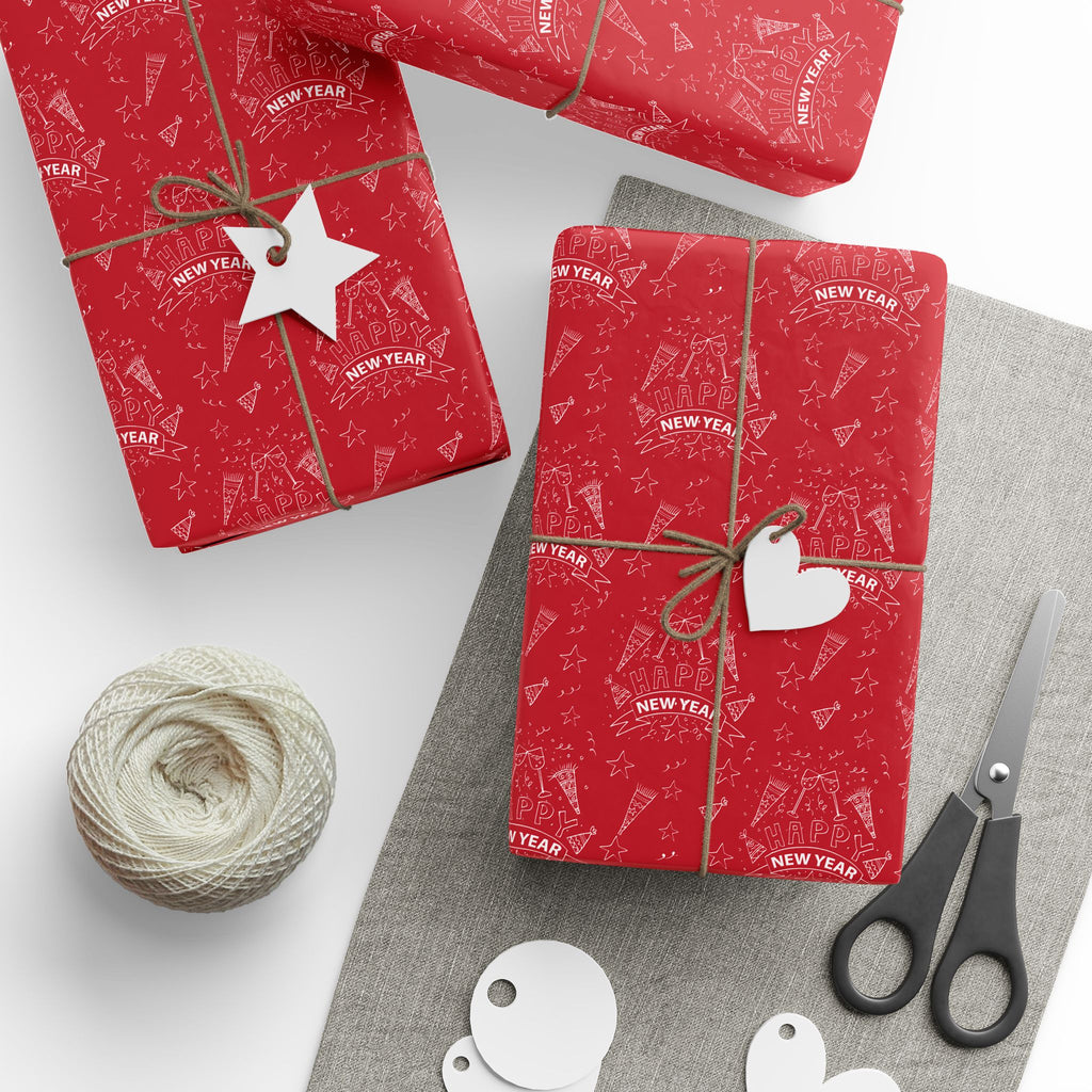 New Year's Hand Drawn Doodles on Red Wrapping Paper - Holiday Gift Wrapping Paper Roll