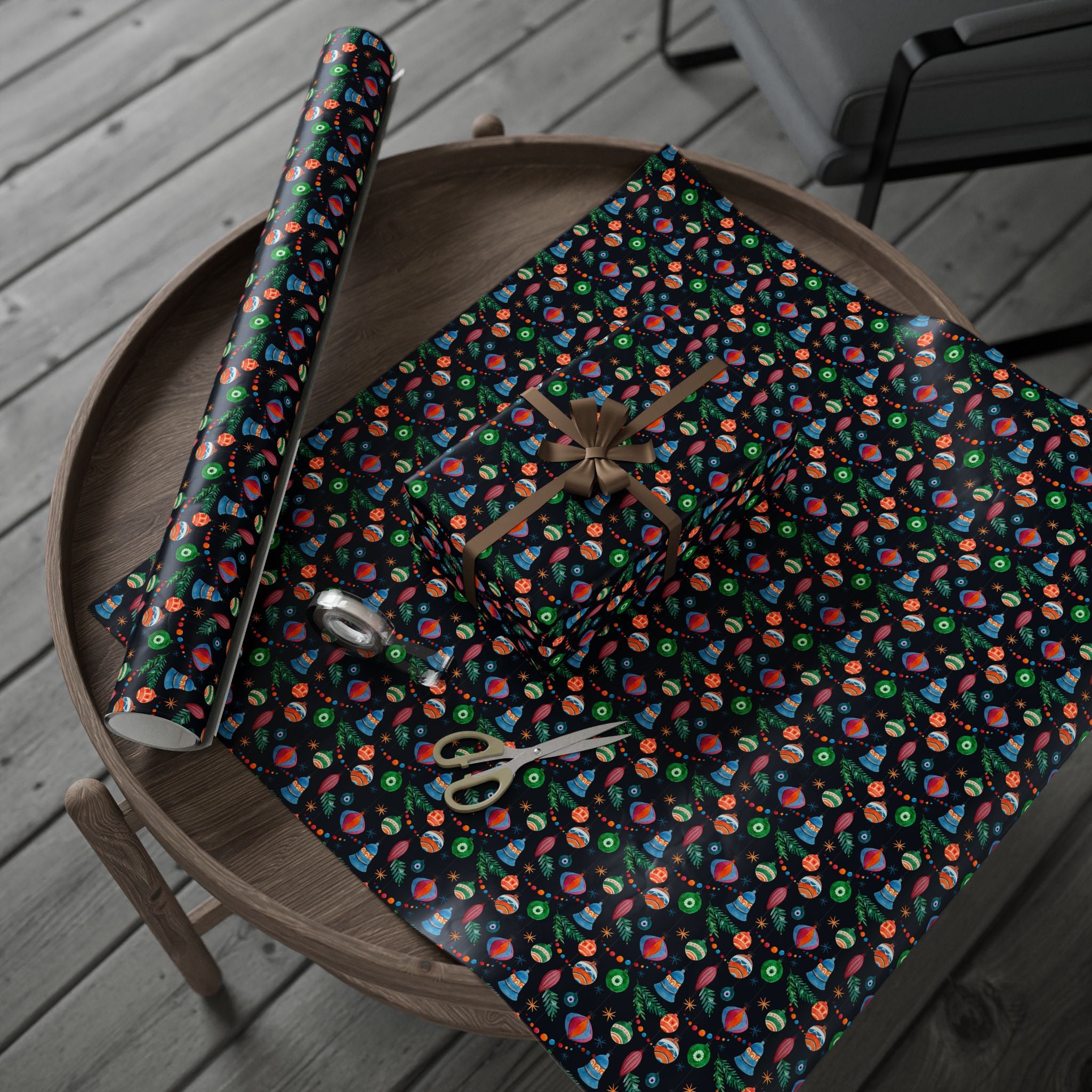 Christmas Watercolor Ornaments Wrapping Paper | Holiday Gift Wrapping Paper Roll