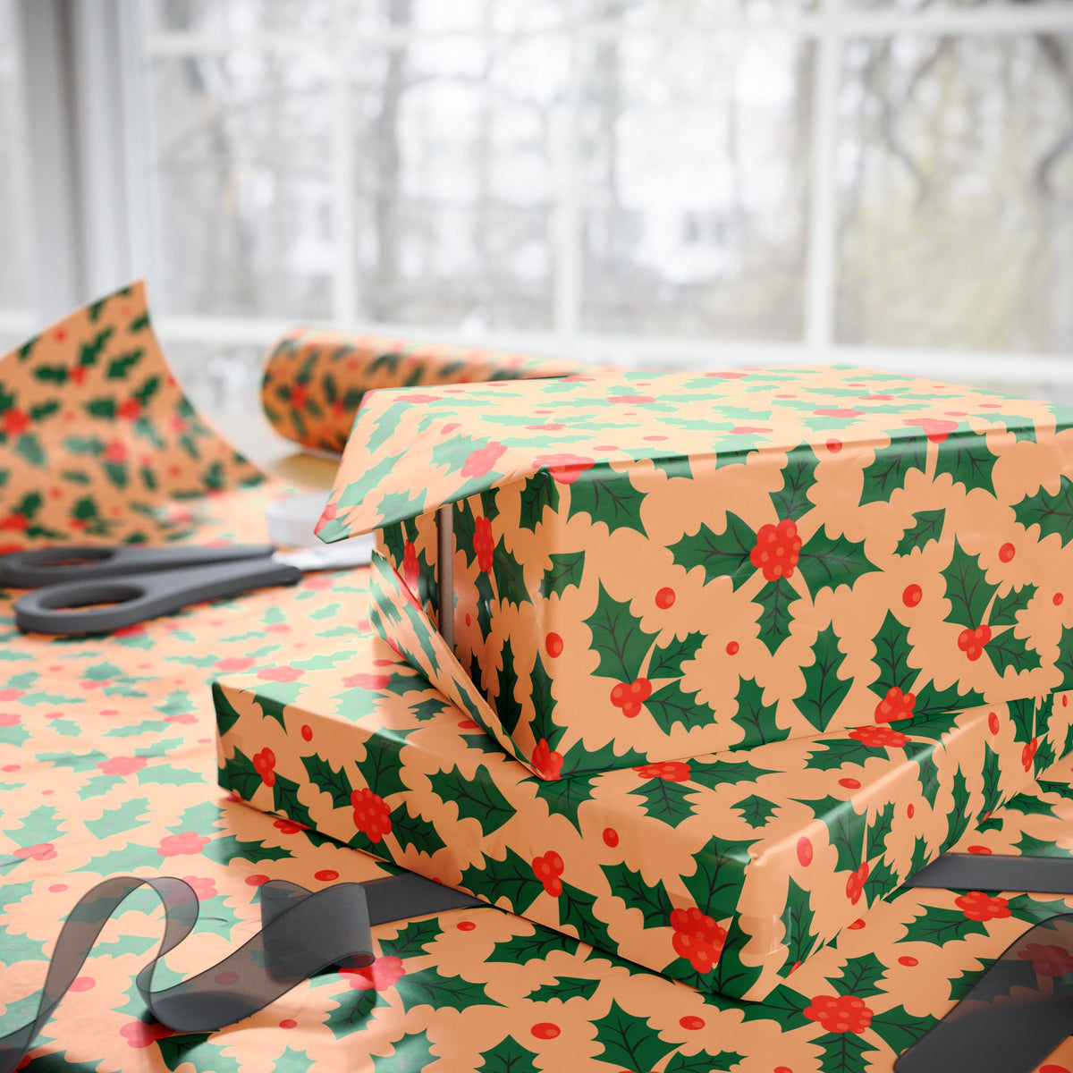 Christmas Holly Berries on Tan Wrapping Paper | Holiday Gift Wrapping Paper Roll