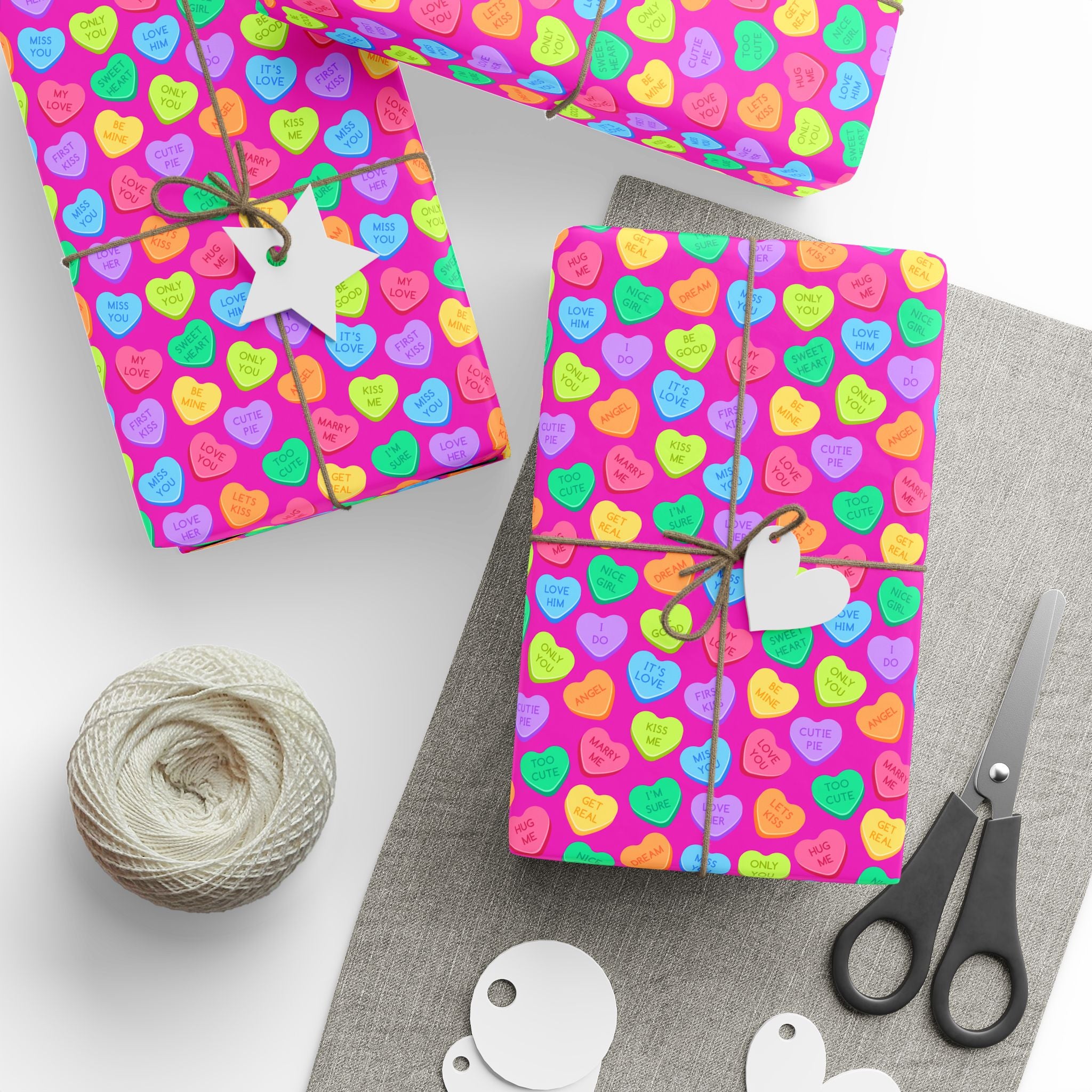 Valentine's Day Candy Hearts on Pink Wrapping Paper | Holiday Gift Wrapping Paper Roll