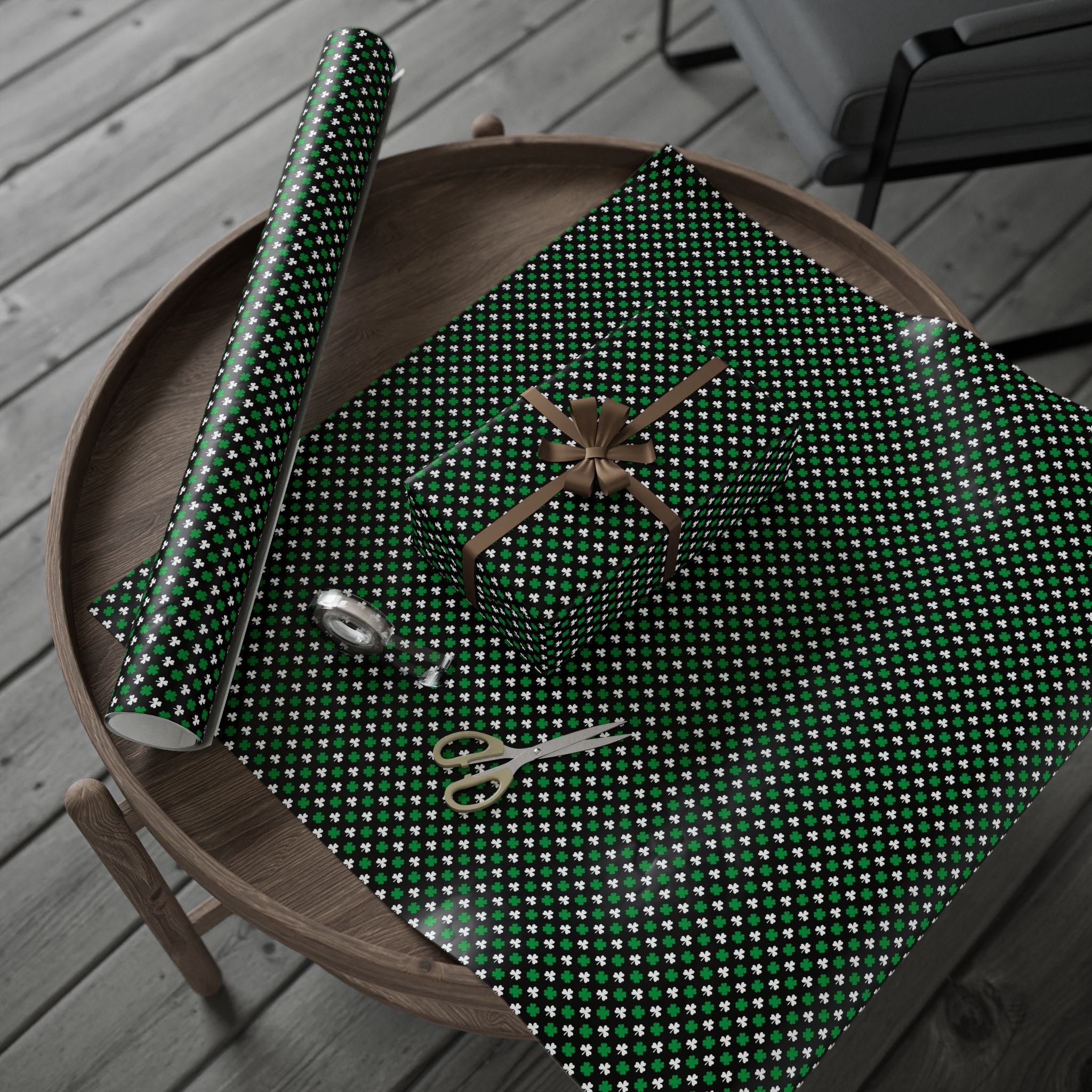 St Patrick's Day Clover on Black Wrapping Paper | Holiday Gift Wrapping Paper Roll