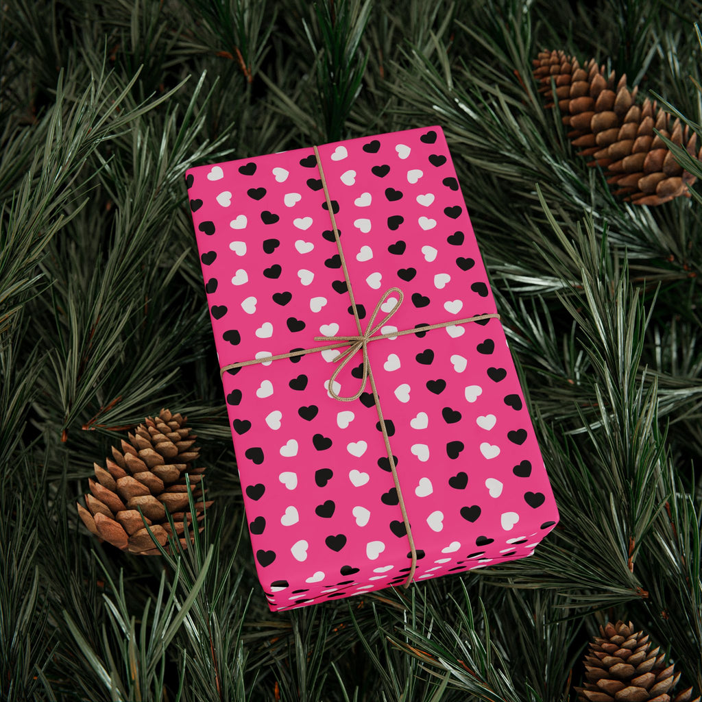 Valentine's Black & White Hearts on Pink Wrapping Paper | Holiday Gift Wrapping Paper Roll