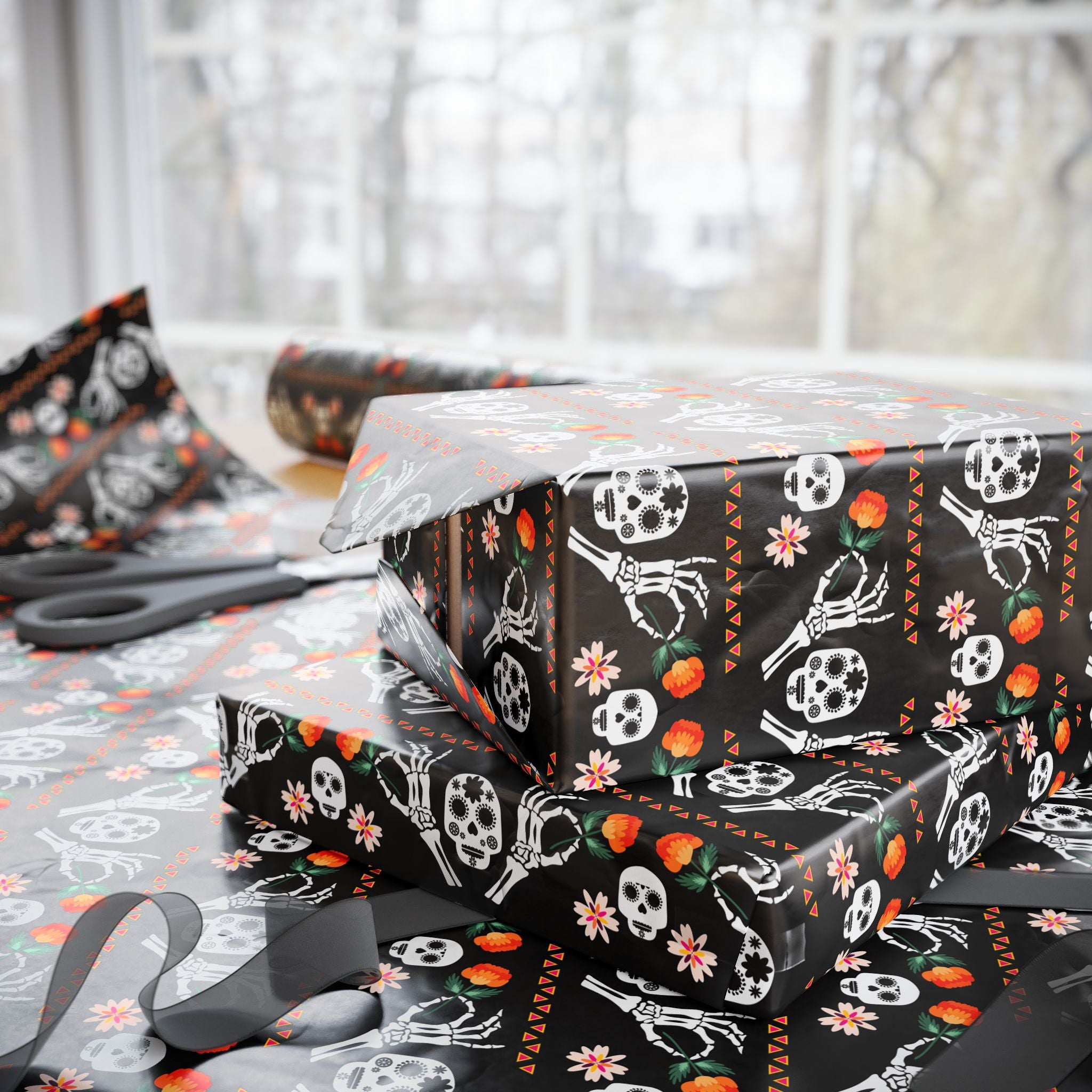 Day of the Dead Divided Marigolds Wrapping Paper | Holiday Gift Wrapping Paper Roll