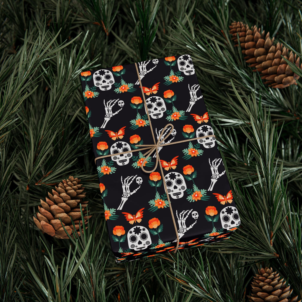Day of the Dead Marigold Skulls Wrapping Paper | Holiday Gift Wrapping Paper Roll