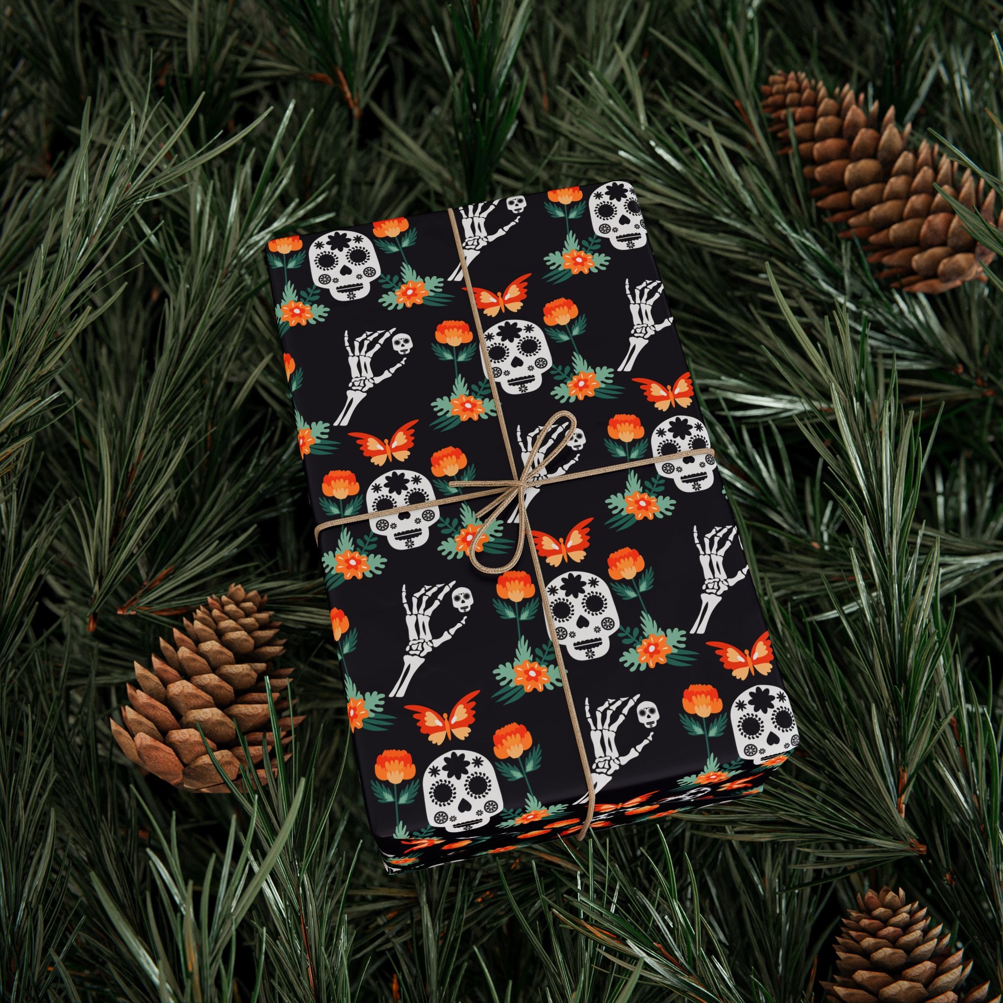 Day of the Dead Marigold Skulls Wrapping Paper | Holiday Gift Wrapping Paper Roll