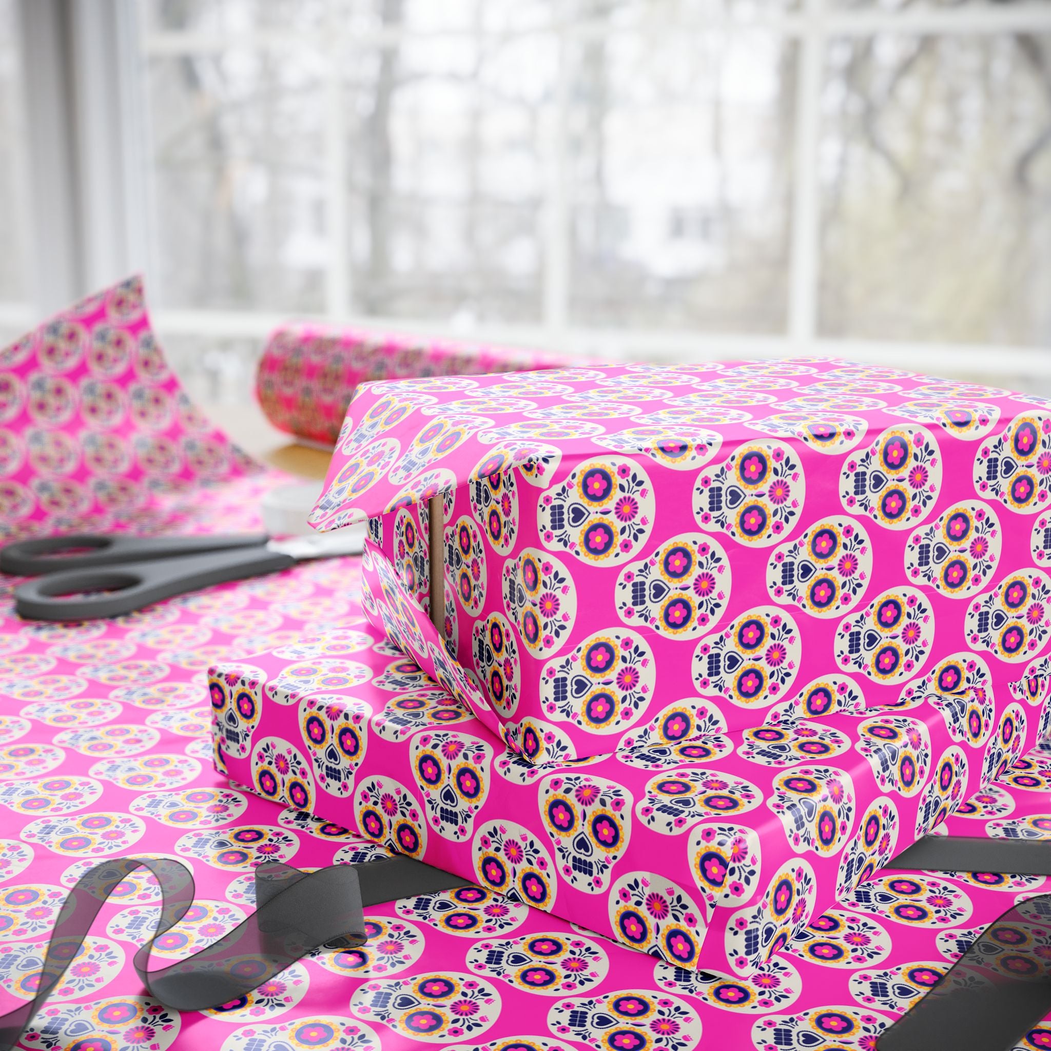 Day of the Dead Pink Sugar Skulls Wrapping Paper | Holiday Gift Wrapping Paper Roll