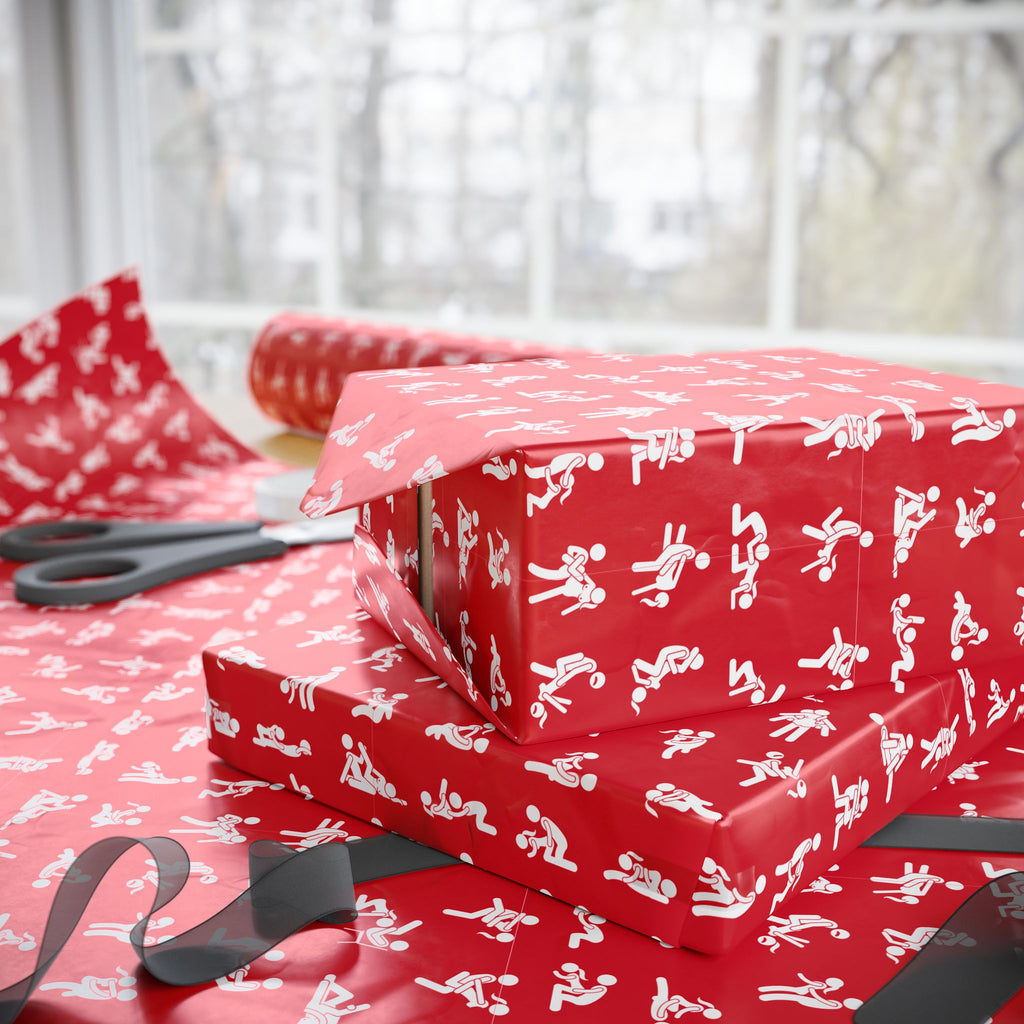 NSFW Stick Figure X Rated Fun on Red Wrapping Paper - Holiday Gift Wrapping Paper Roll