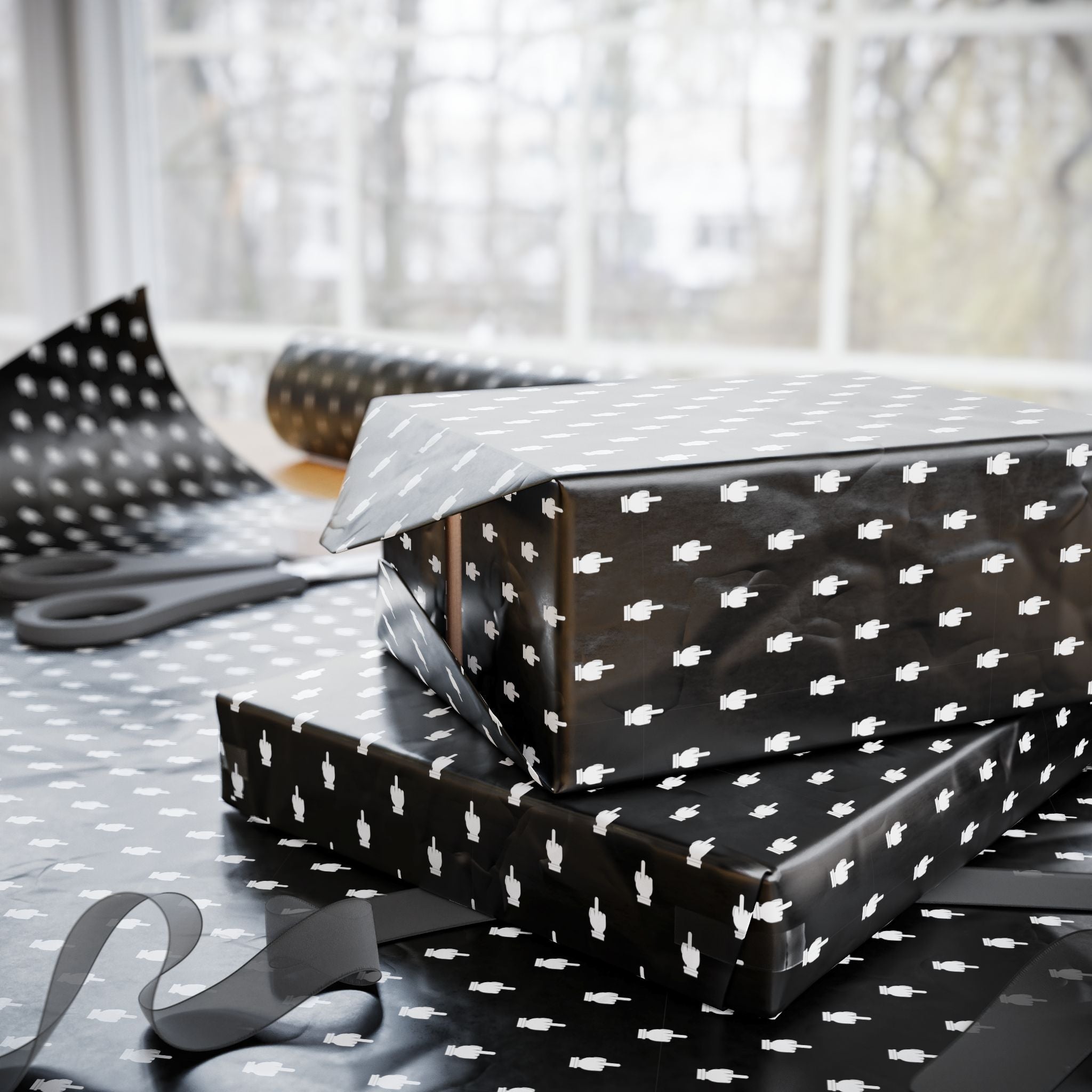 NSFW Friendly Hello Middle Finger on Black Wrapping Paper - Holiday Gift Wrapping Paper Roll