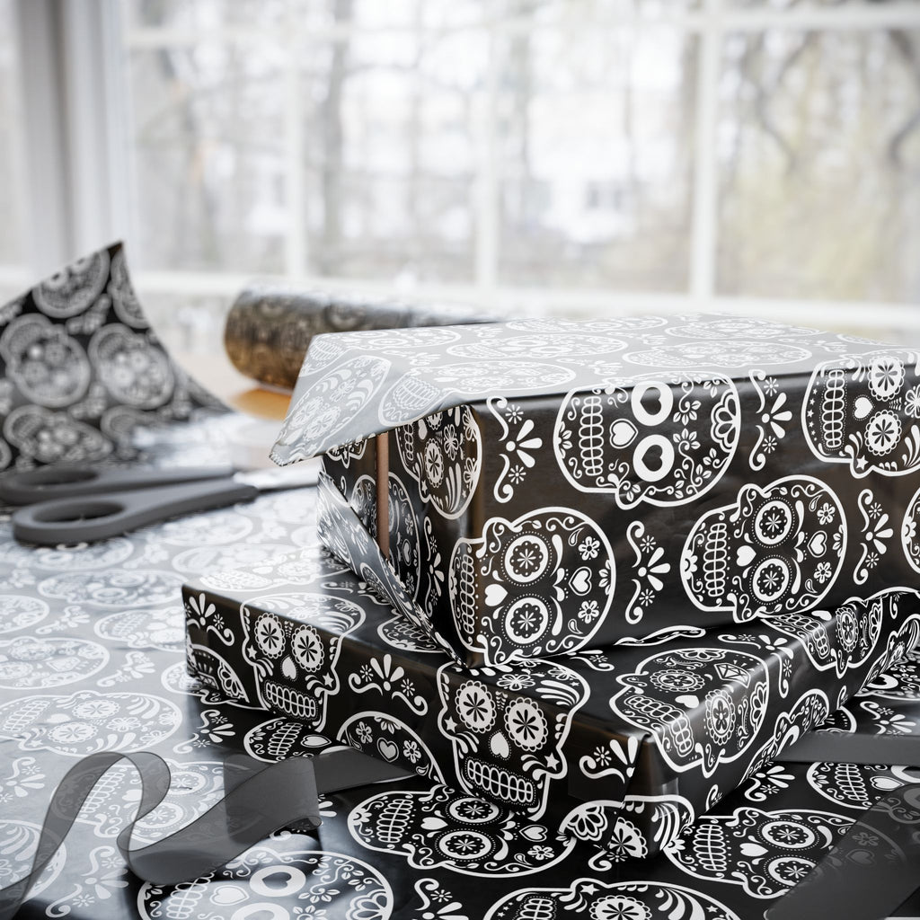 Day of the Dead Black & White Sugar Skulls Wrapping Paper | Holiday Gift Wrapping Paper Roll