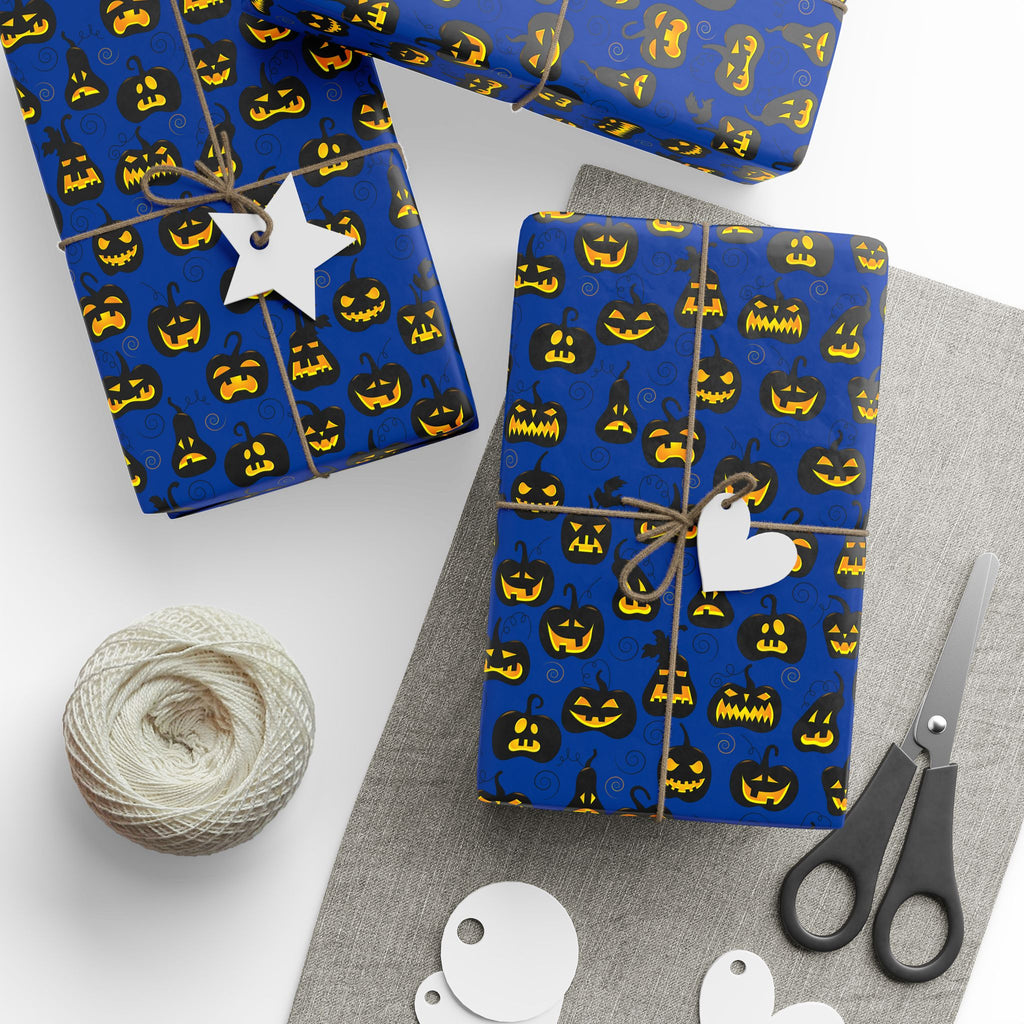 Halloween Jack-O-Lanterns on Blue Wrapping Paper | Holiday Gift Wrapping Paper