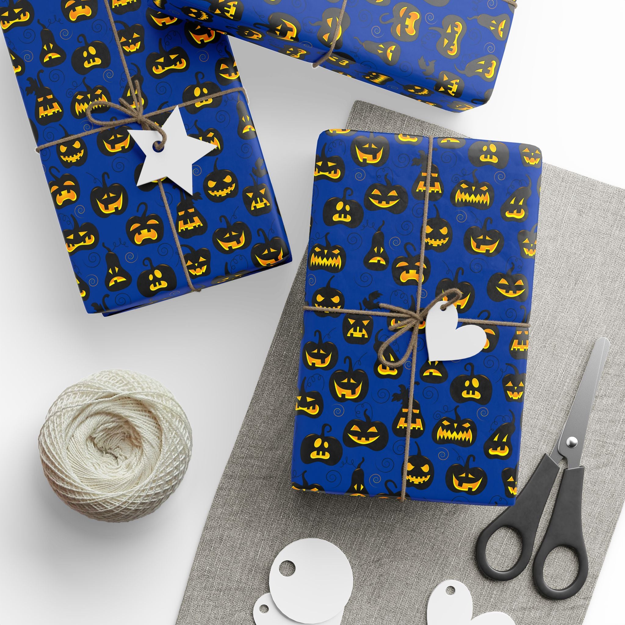 Halloween Jack-O-Lanterns on Blue Wrapping Paper | Holiday Gift Wrapping Paper