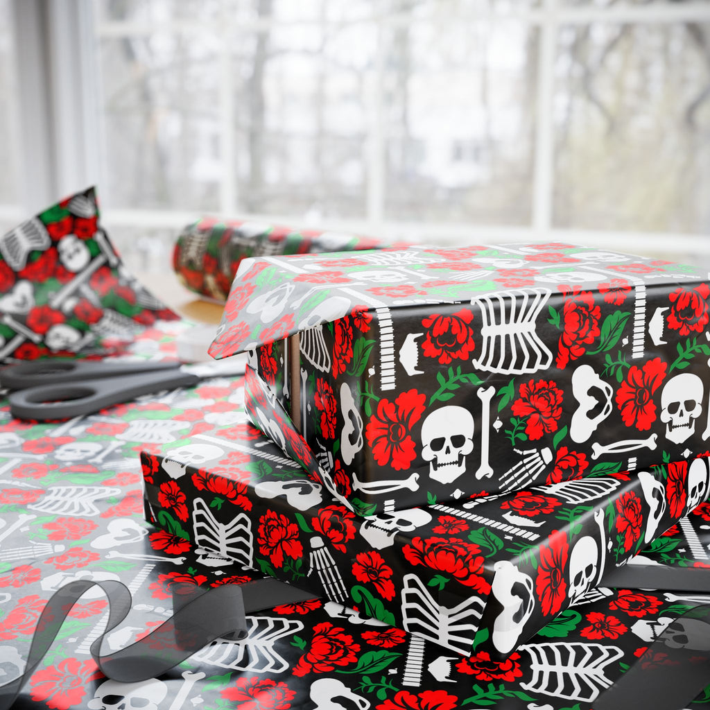 Day of the Dead Bones & Roses Wrapping Paper | Holiday Gift Wrapping Paper Roll
