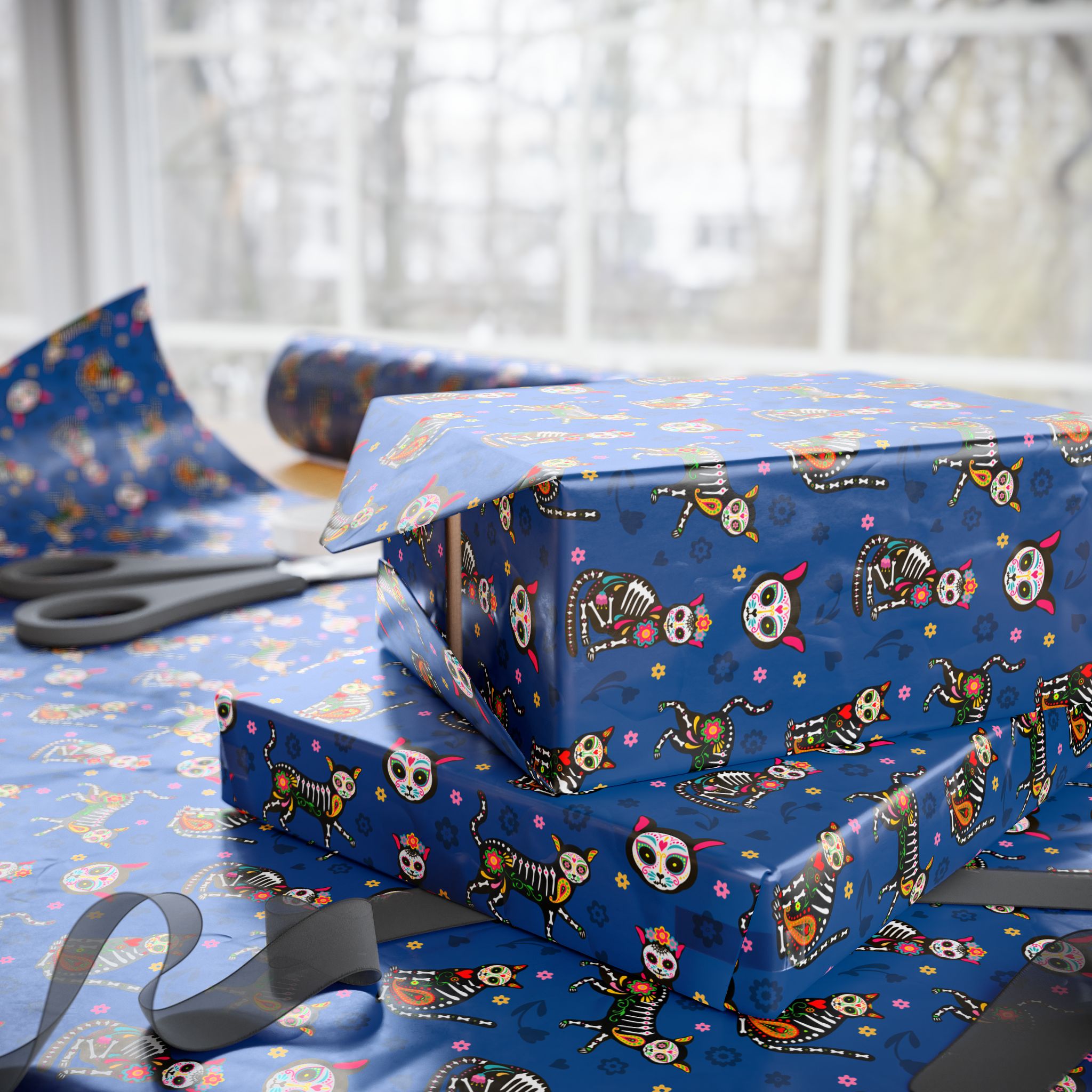 Day of the Dead Calavera Cats Wrapping Paper | Holiday Gift Wrapping Paper Roll