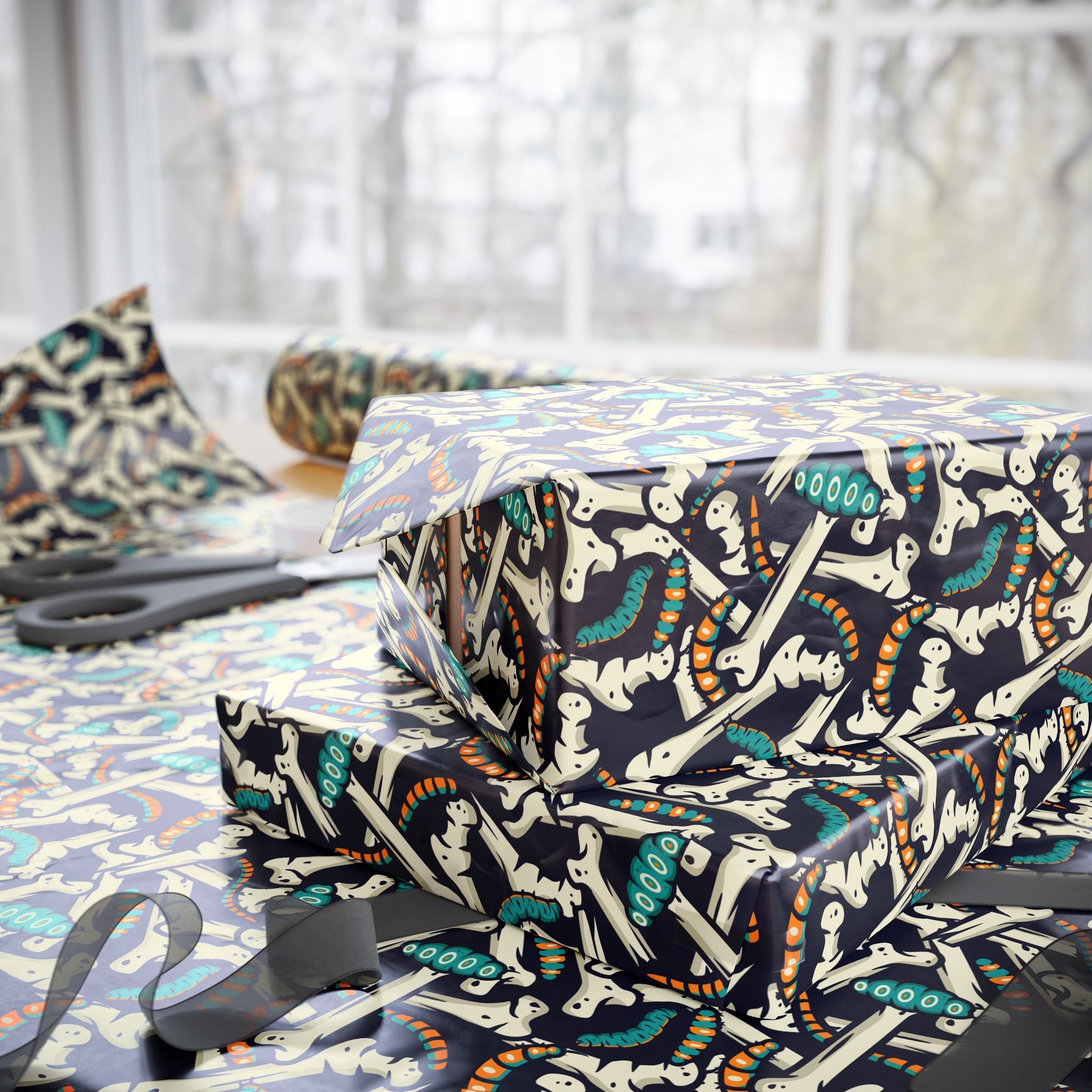 Halloween Caterpillar Bones Wrapping Paper | Holiday Gift Wrapping Paper Roll