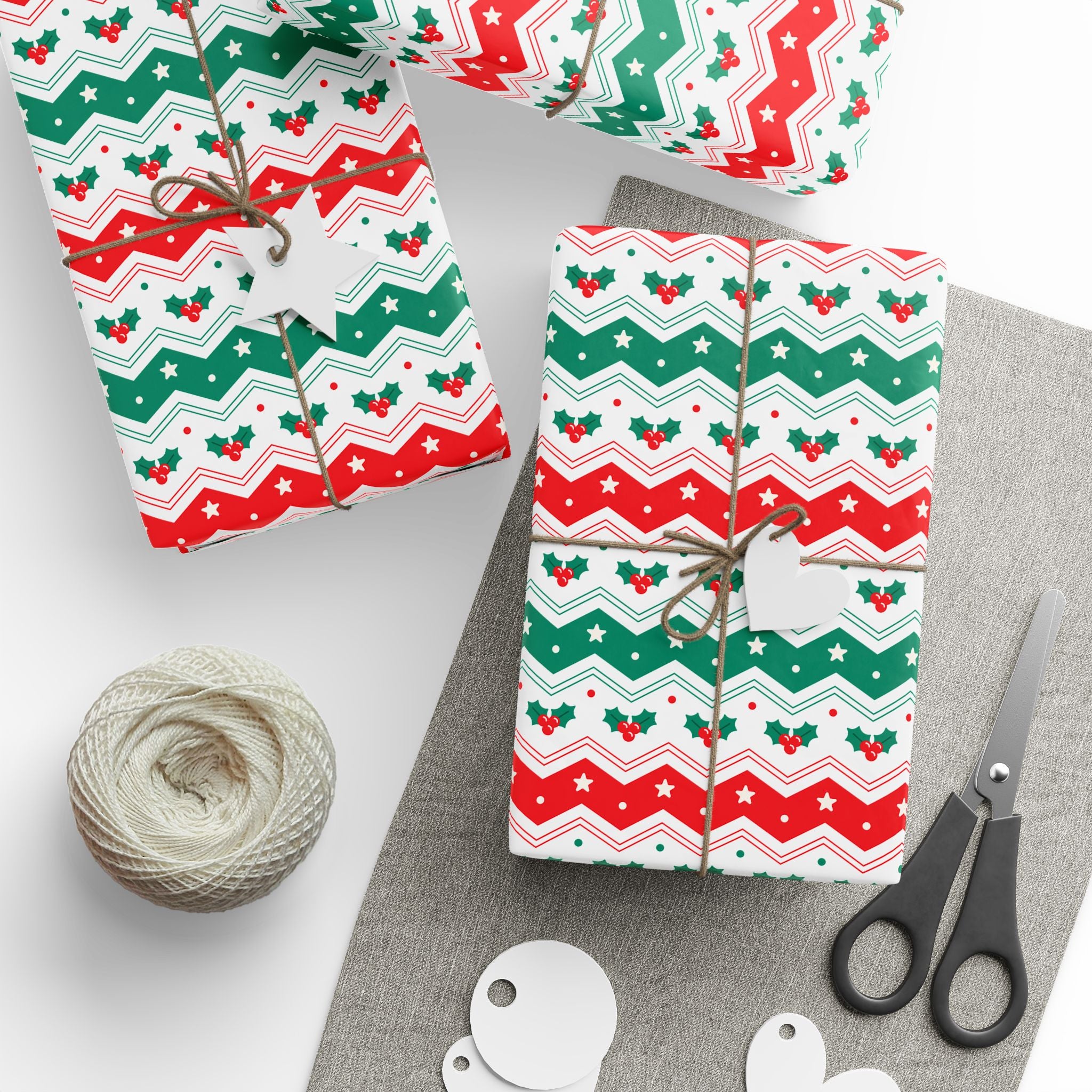 Christmas Boughs of Holly Chevron Wrapping Papers | Holiday Gift Wrapping Paper Roll