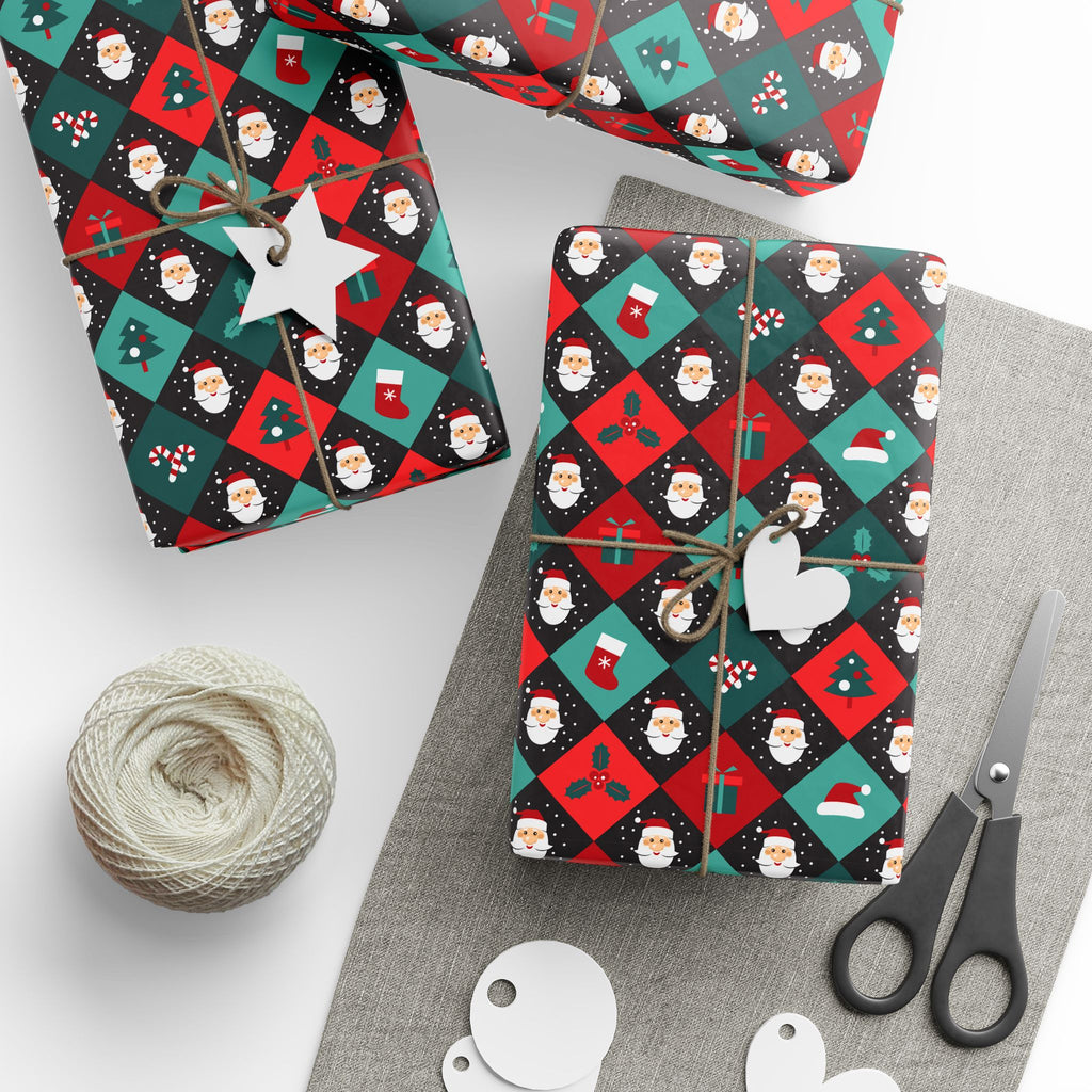 Christmas Checkered Santa Wrapping Paper | Holiday Gift Wrapping Paper Roll