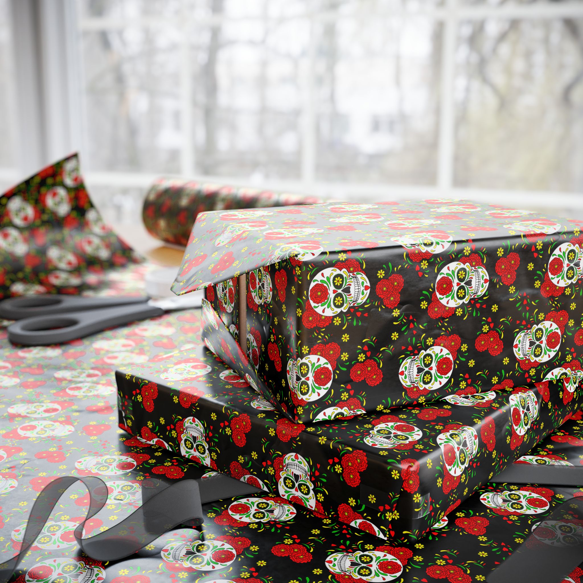 Day of the Dead Red Roses Wrapping Paper | Holiday Gift Wrapping Paper Roll
