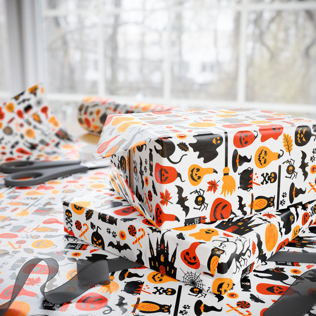 Halloween Black Cat Collage on White Wrapping Paper | Holiday Gift Wrapping Paper Roll