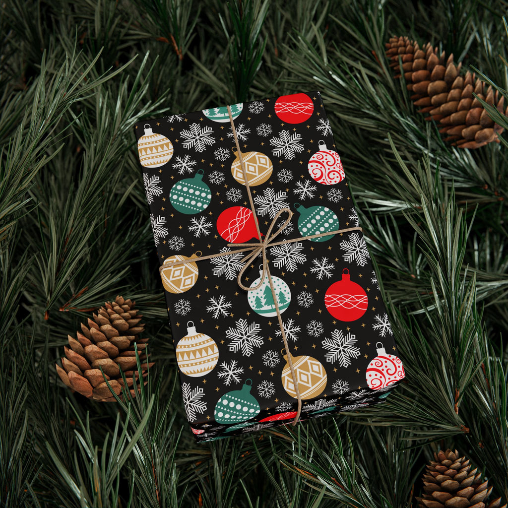 Christmas Snow Falling Ornaments Wrapping Paper | Holiday Gift Wrapping Paper Roll