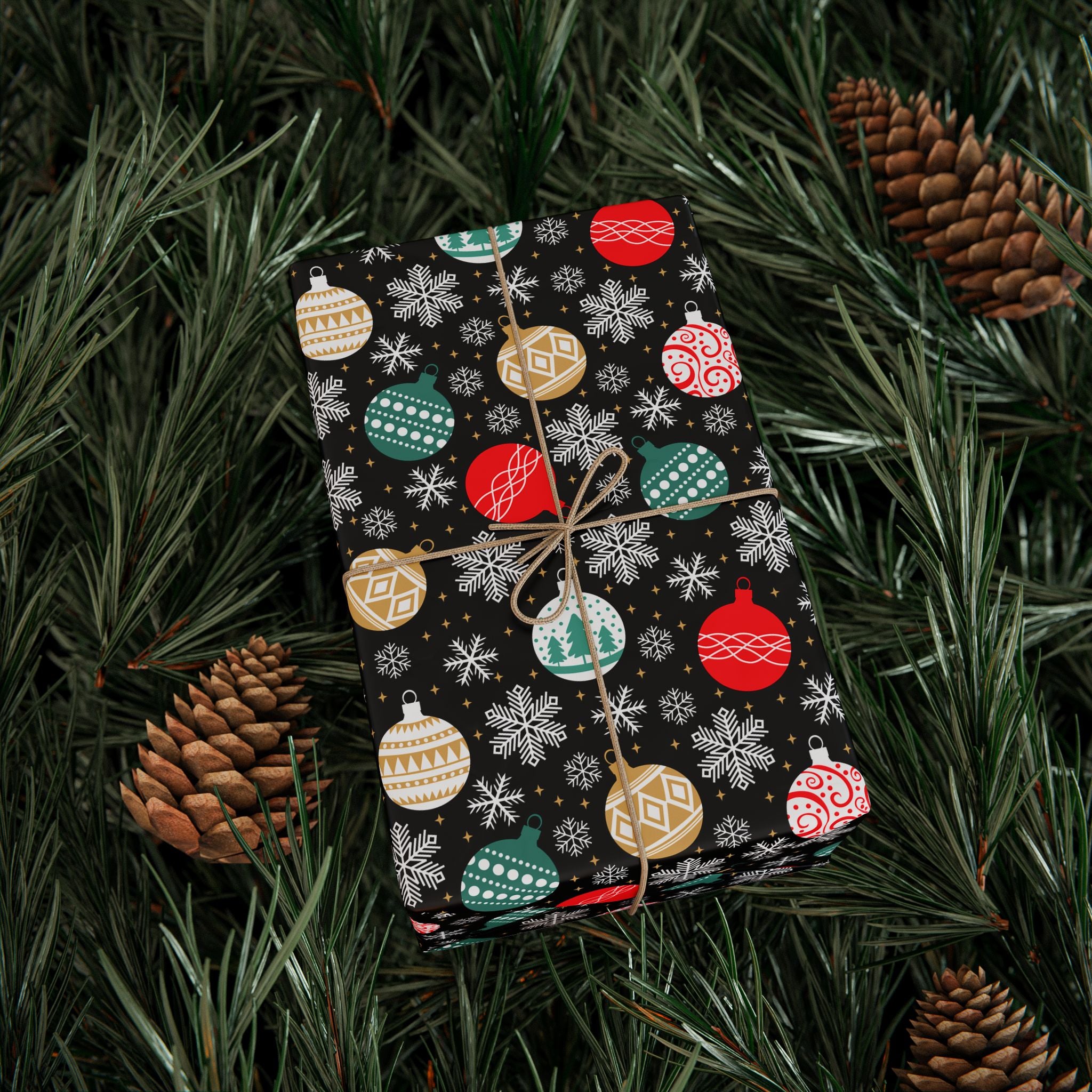 Christmas Snow Falling Ornaments Wrapping Paper | Holiday Gift Wrapping Paper Roll