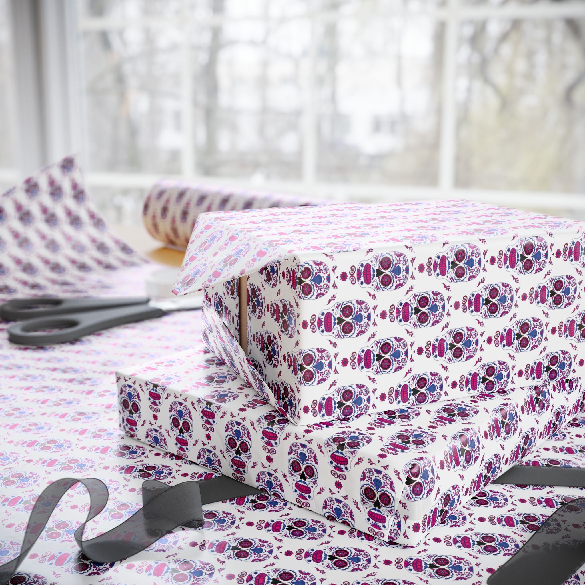 Day of the Dead Purple Sugar Skulls Wrapping Paper | Holiday Gift Wrapping Paper Roll