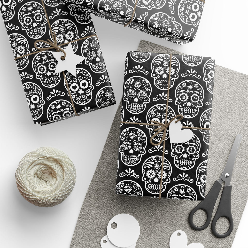 Day of the Dead Black & White Sugar Skulls Wrapping Paper | Holiday Gift Wrapping Paper Roll