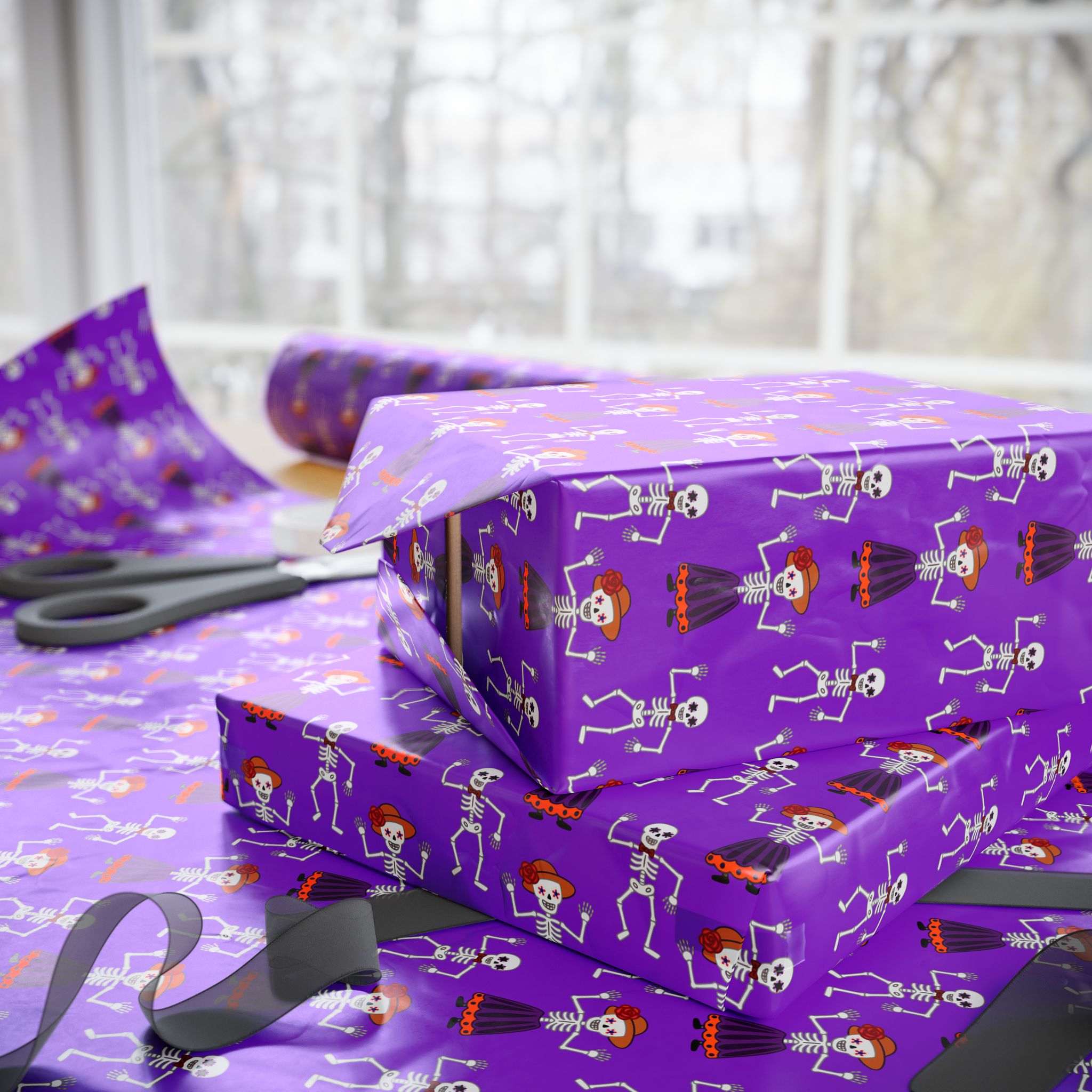 Day of the Dead Dancing Skeletons Wrapping Paper | Holiday Gift Wrapping Paper Roll