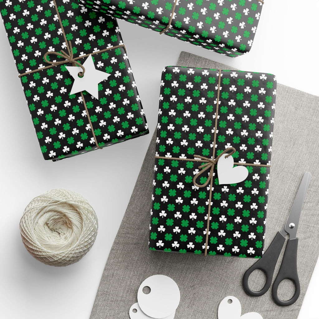 St Patrick's Day Clover on Black Wrapping Paper | Holiday Gift Wrapping Paper Roll