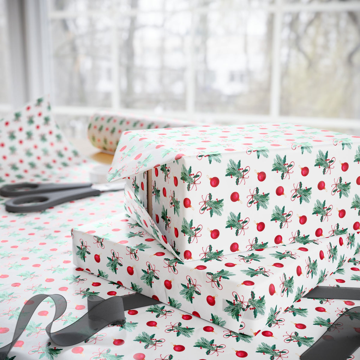 Christmas Mistletoe Ornaments Wrapping Paper | Holiday Gift Wrapping Paper Roll