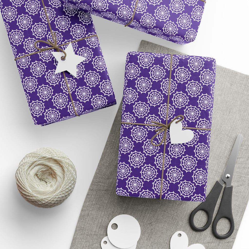 Halloween White Webbing  on Purple Wrapping Paper | Holiday Gift Wrapping Paper Roll