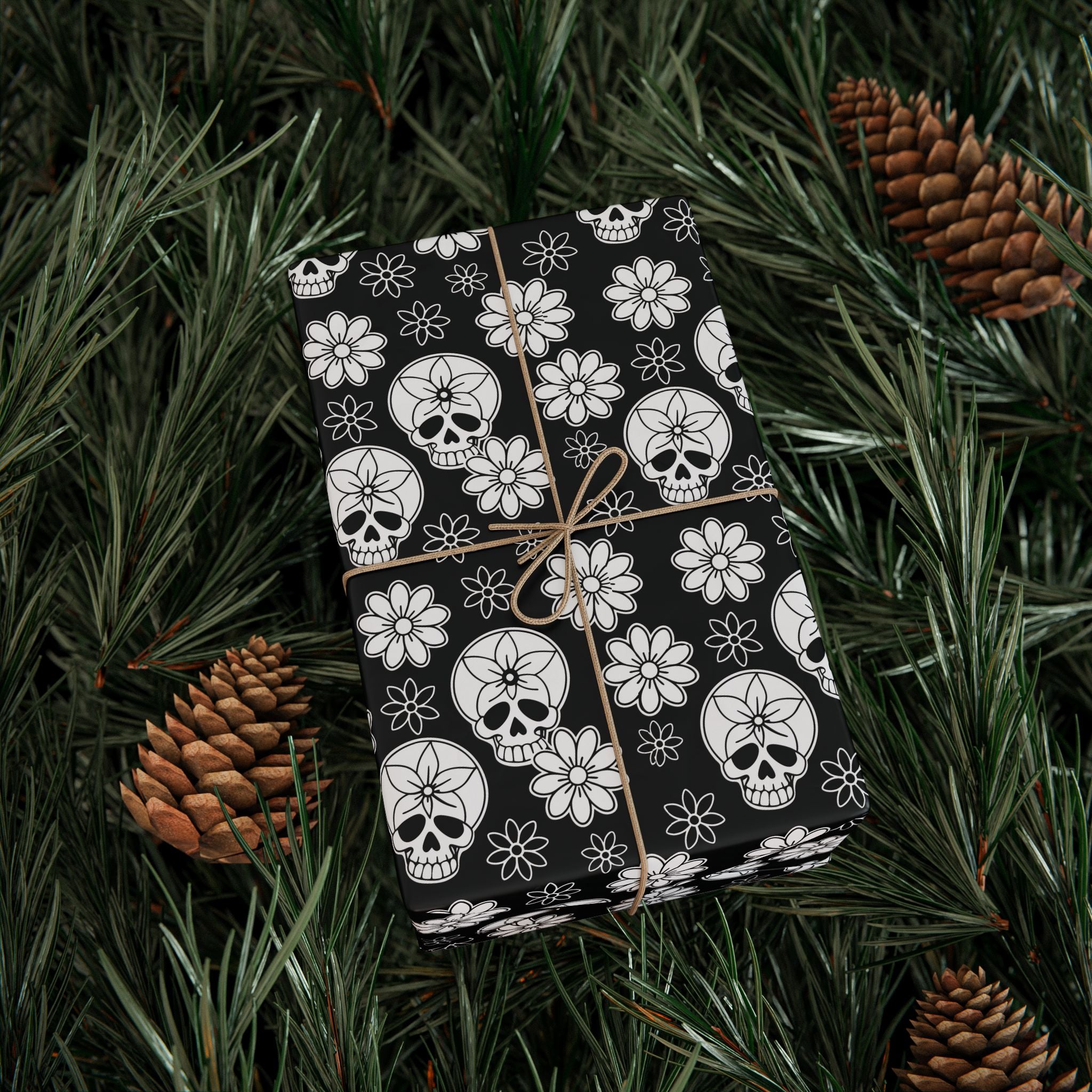 Day of the Dead Black Flower Head Wrapping Paper | Holiday Gift Wrapping Paper Roll