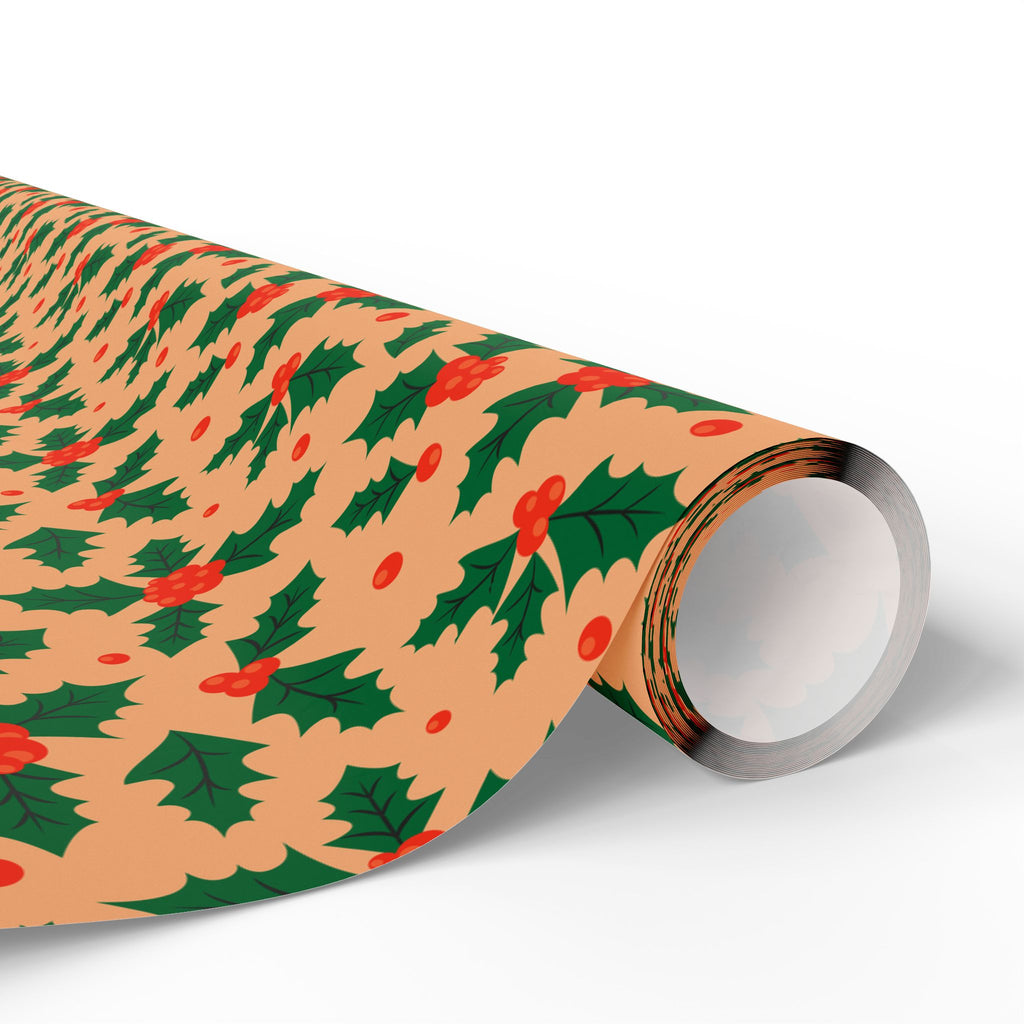 Christmas Holly Berries on Tan Wrapping Paper | Holiday Gift Wrapping Paper Roll