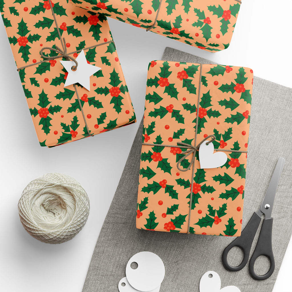 Christmas Holly Berries on Tan Wrapping Paper | Holiday Gift Wrapping Paper Roll