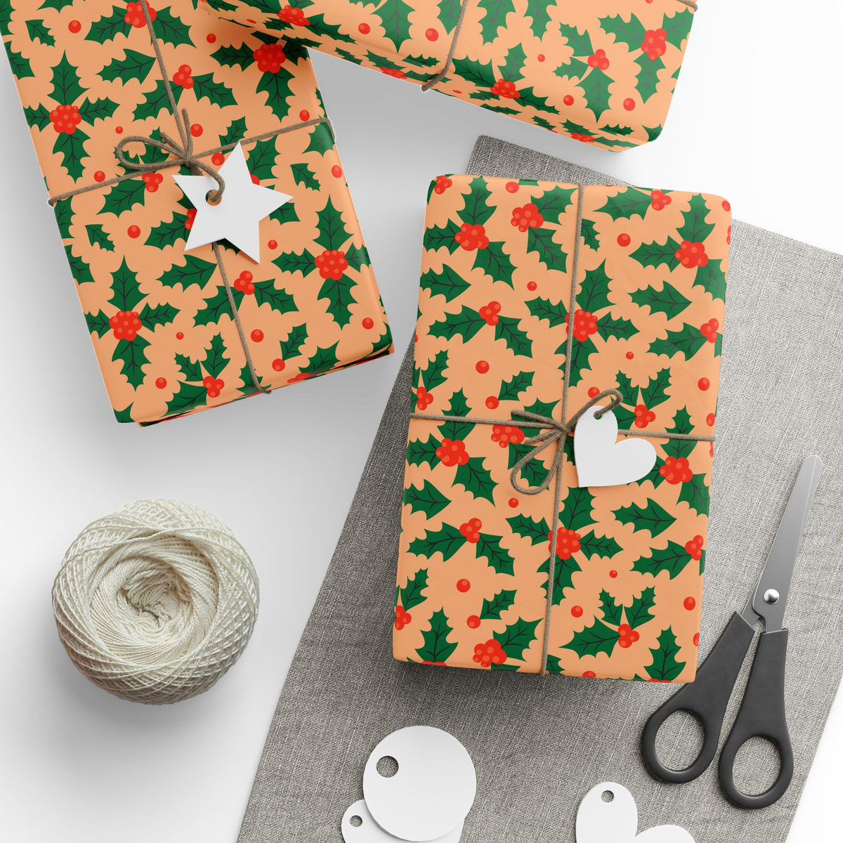 Christmas Holly Berries on Tan Wrapping Paper | Holiday Gift Wrapping Paper Roll