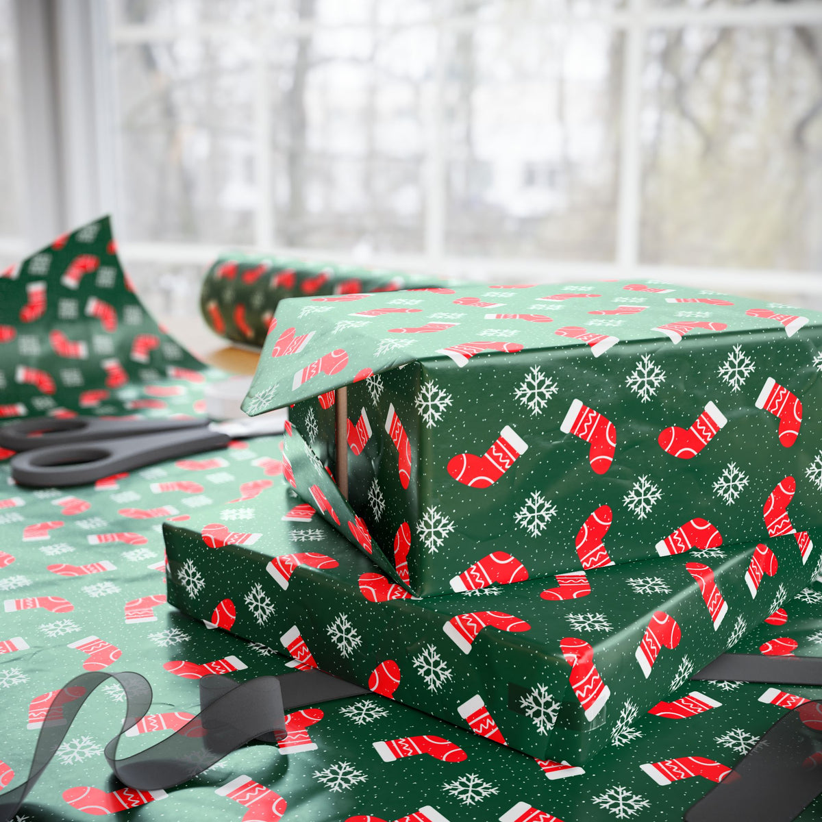 Christmas Snowflakes & Stockings Wrapping Paper | Holiday Gift Wrapping Paper Roll