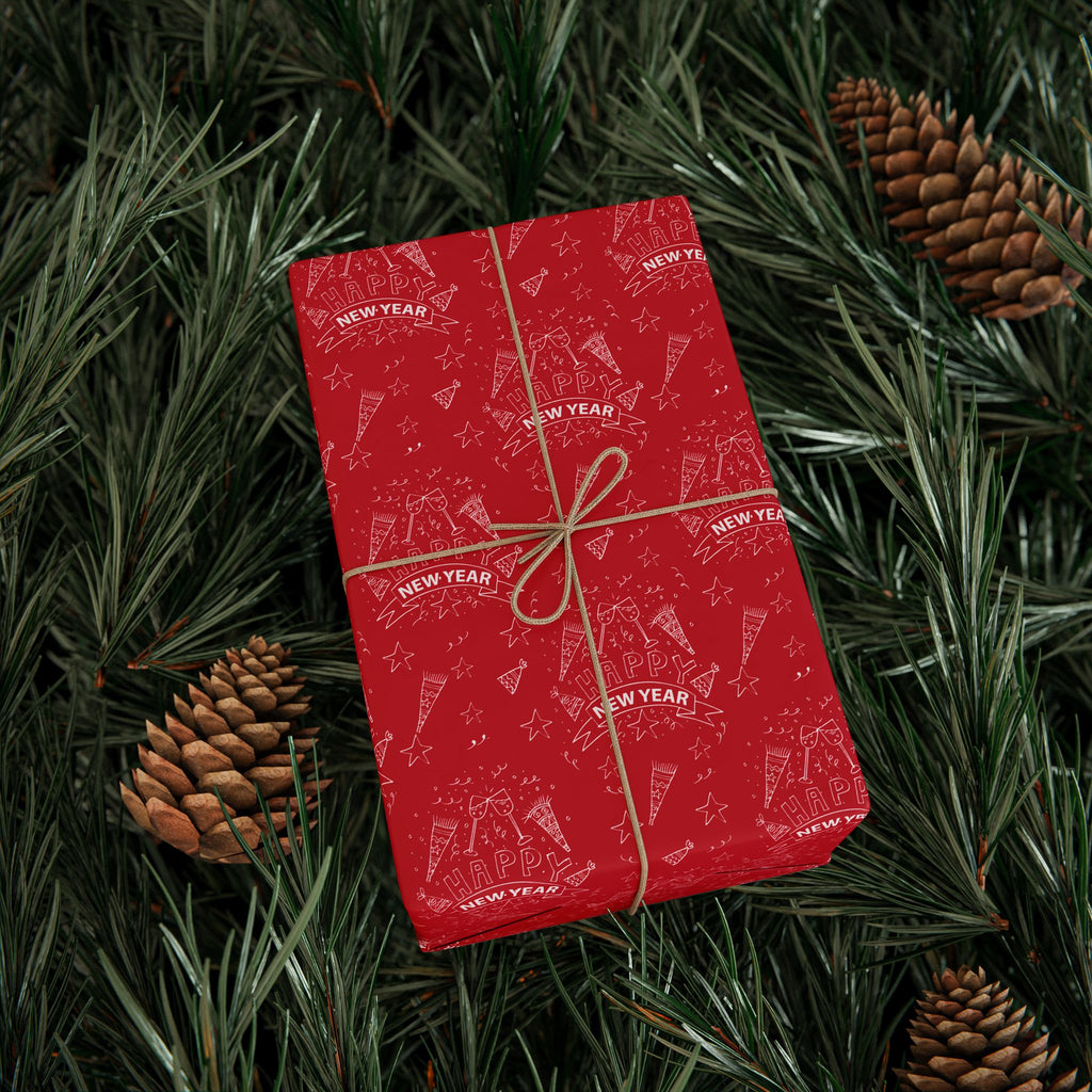 New Year's Hand Drawn Doodles on Red Wrapping Paper - Holiday Gift Wrapping Paper Roll