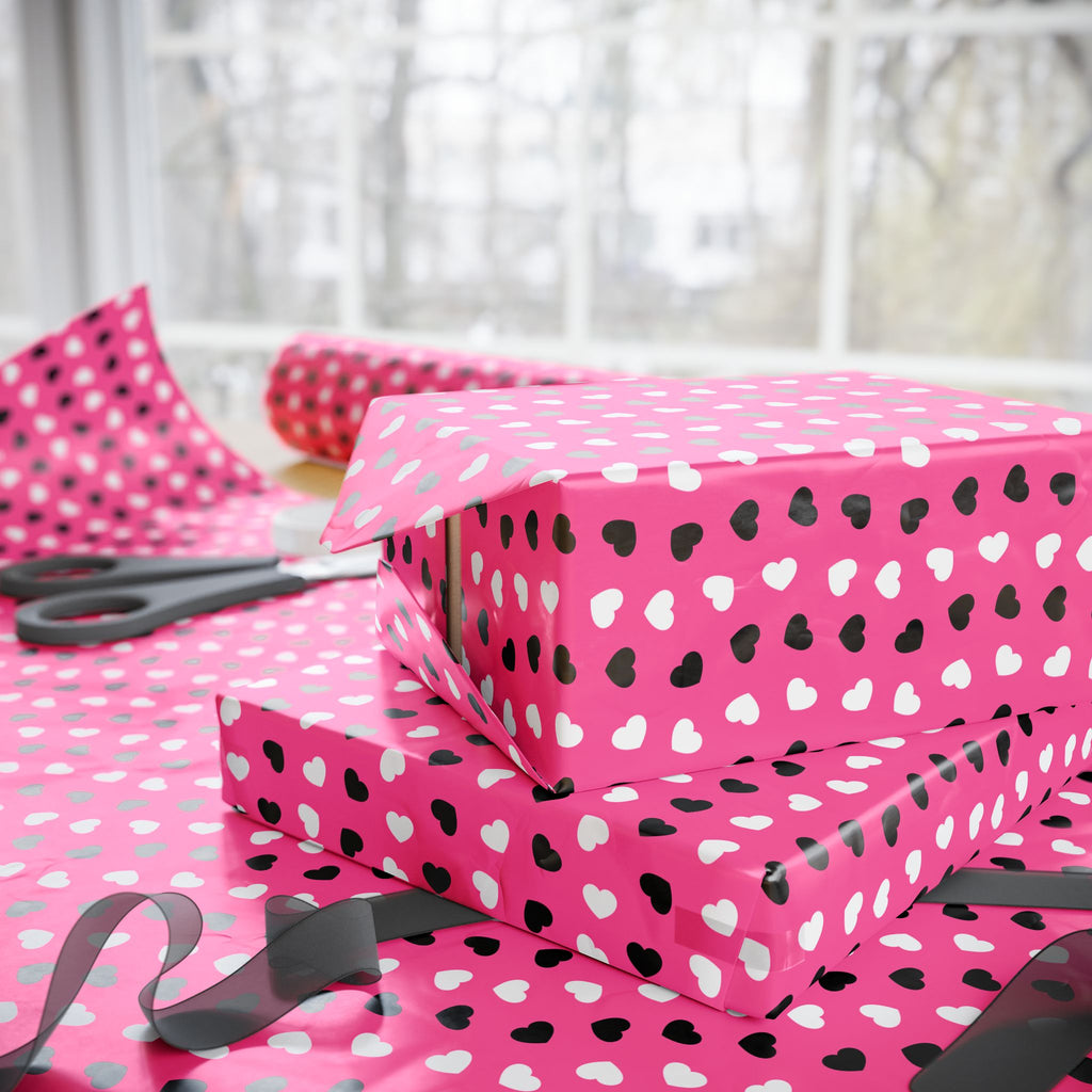 Valentine's Black & White Hearts on Pink Wrapping Paper | Holiday Gift Wrapping Paper Roll