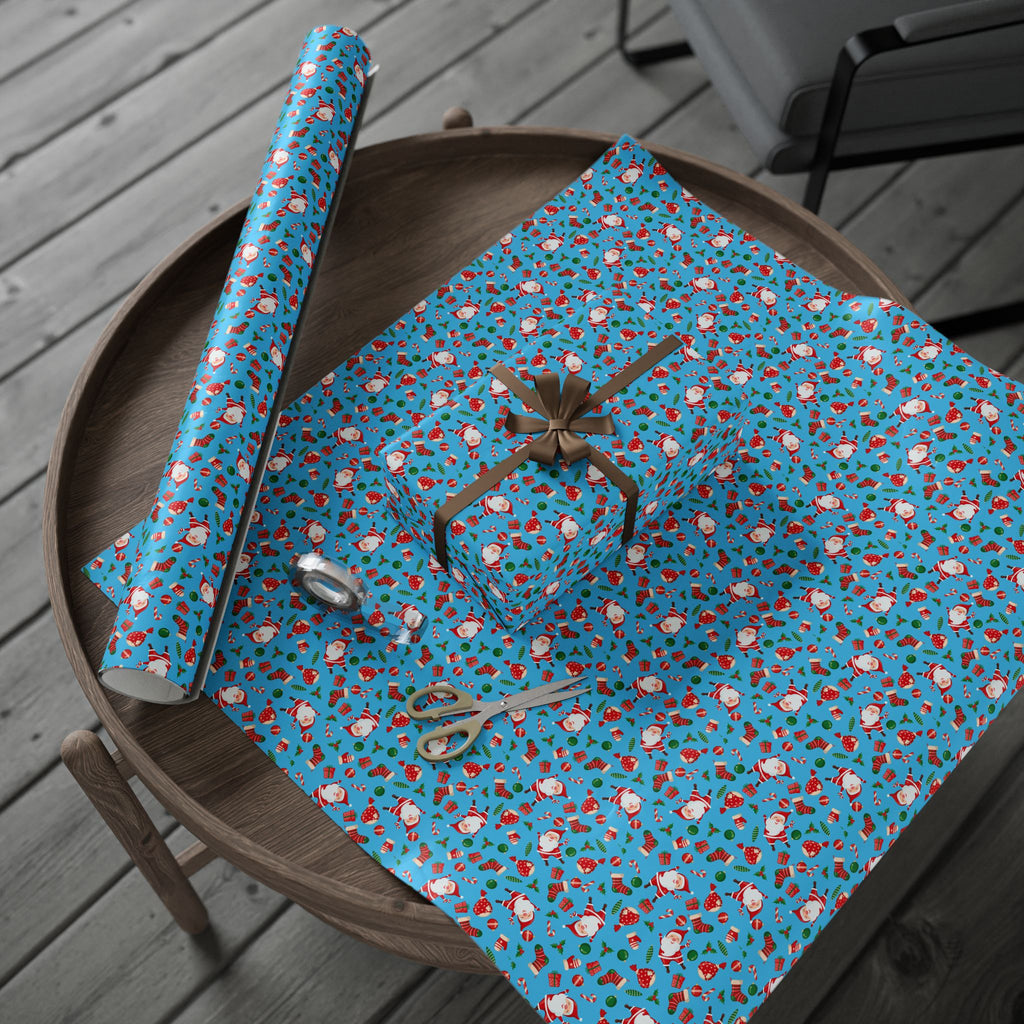 Christmas Santa's Stockings Sky Blue Wrapping Paper | Holiday Gift Wrapping Paper Roll